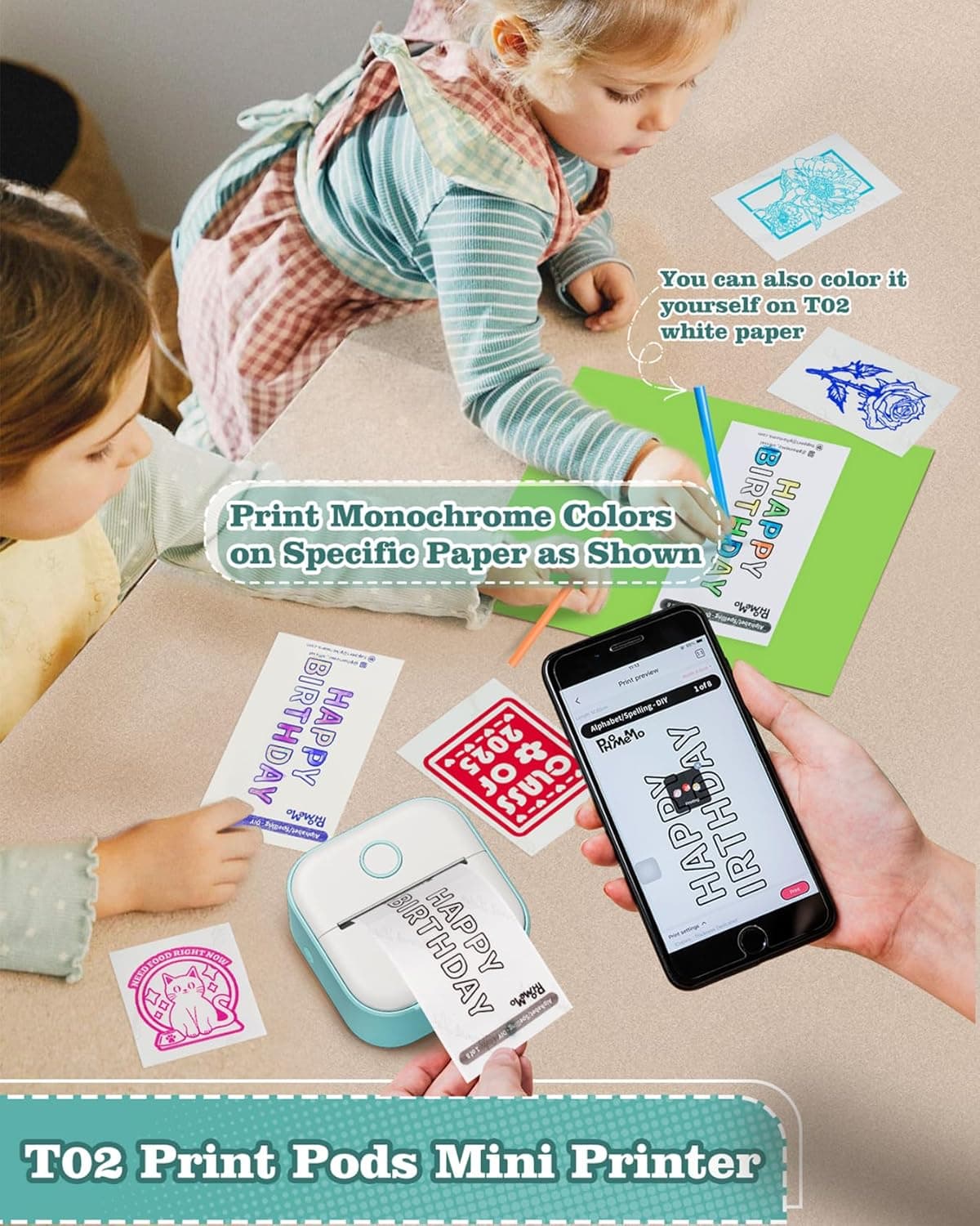 Memoking Mini Printer - T02 Sticker Printer Print Pods Portable Thermal Inkless Sticker Maker Bluetooth Pocket Impresora Portátil Instant Print for School Office Home for Study Note,Journal,DIY,Gift Green 1 Printer + 3 Rolls Paper - Image 3