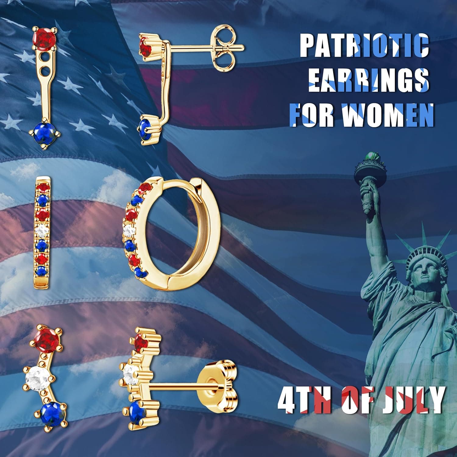 Gold Plated Stud Huggie Earrings Stack for Women Trendy, 3 Pairs Small Cute Hoop Jacket Cartilage Earring Set, Fashion Accessories Holiday Western Jewelry Christmas Gifts Gold-Tone 4th of July earrings(Gold Red White Blue) - Image 7