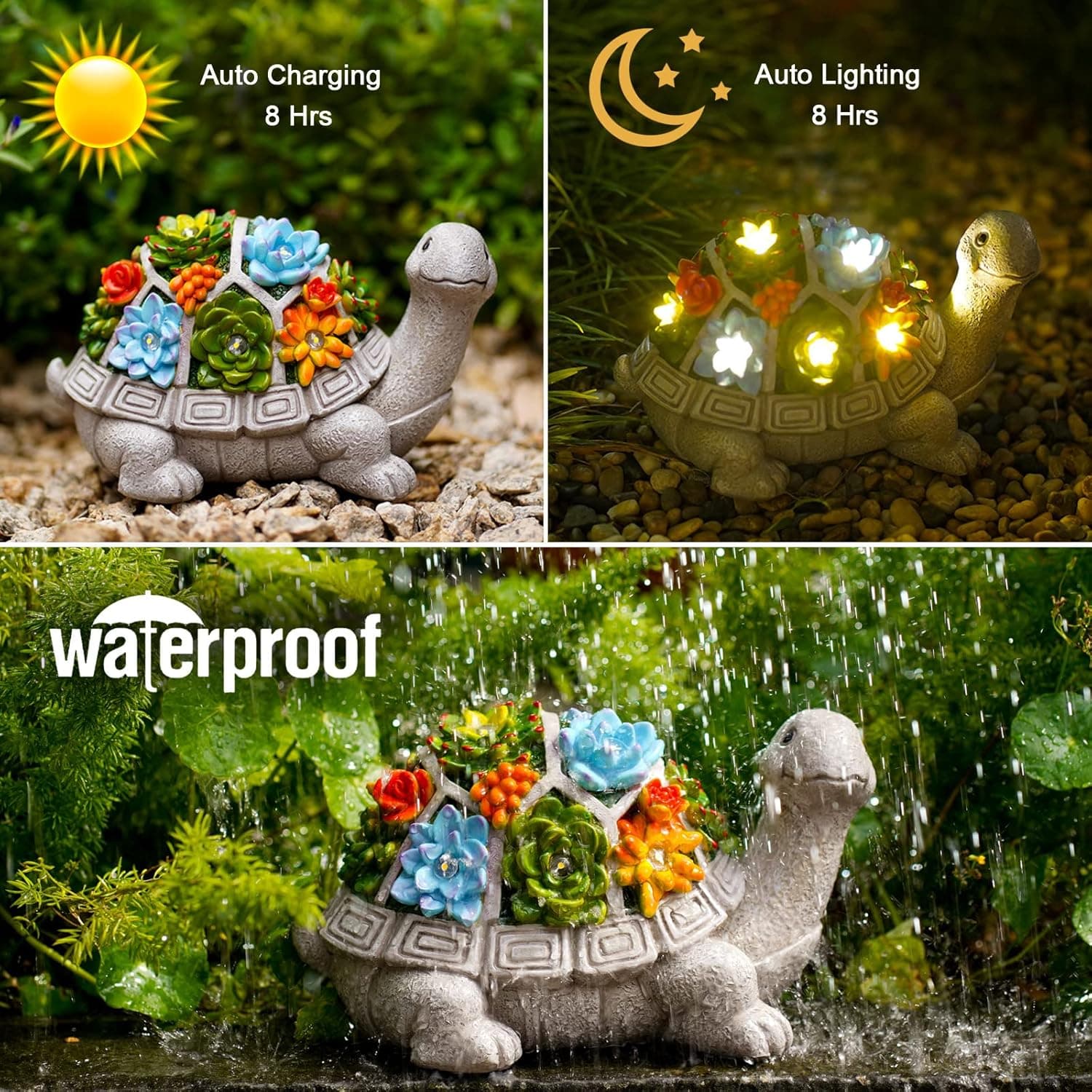 Nacome Garden Outdoor Statues Turtle with Succulent and 7 LED Lights - Lawn Decor Tortoise Statue for Patio, Balcony, Yard Ornament - Unique Housewarming Gifts Grey Turtle - Image 7