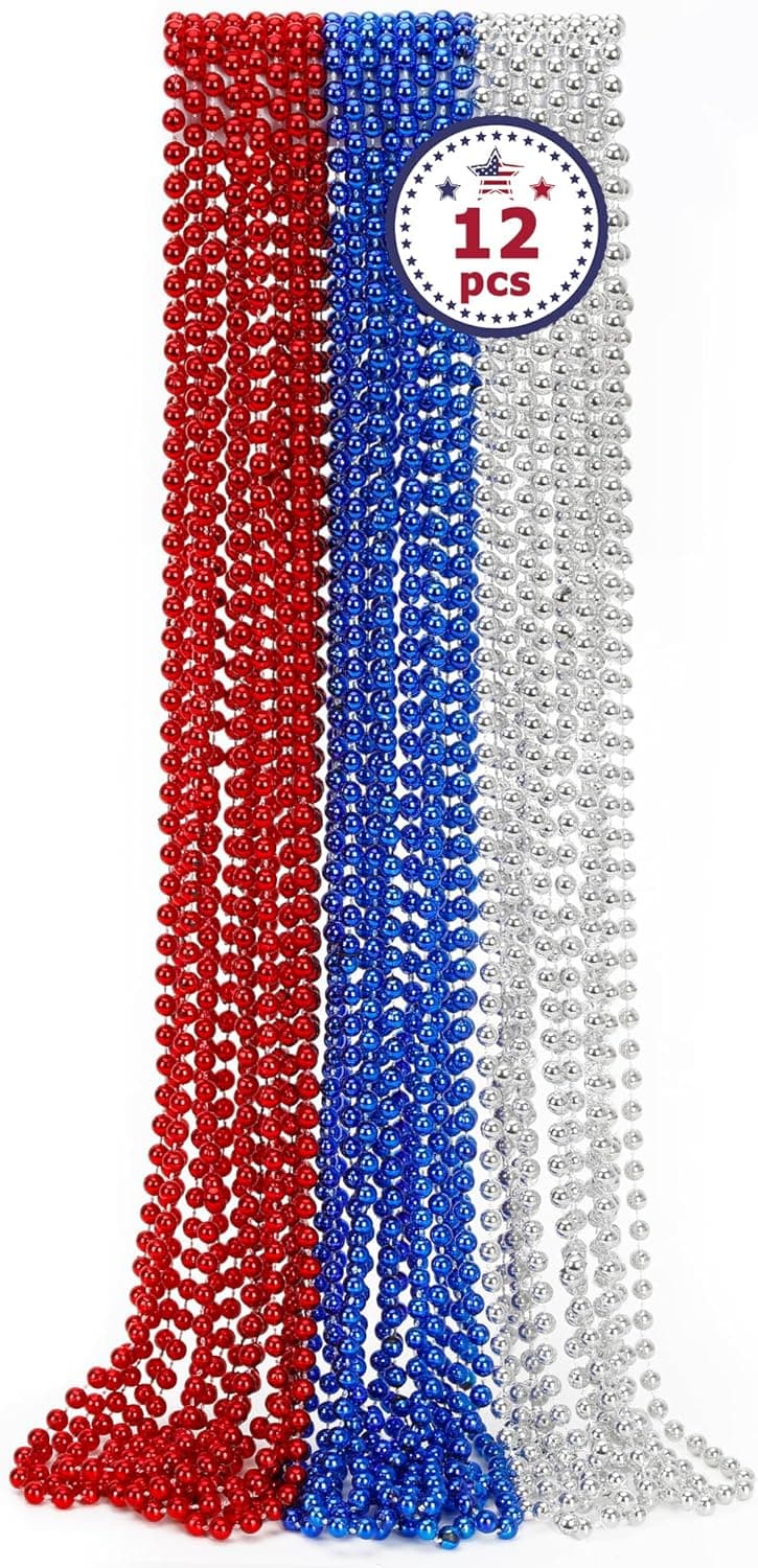 4th of July Party Favors, 12PCS Veterans Day Necklaces Bulk, Fourth of July Red Blue Silver Beads Necklace, Veterans Day Patriotic Beads Bulk for Parade Party Celebration Favors Decorations Red White and Blue - Image 2