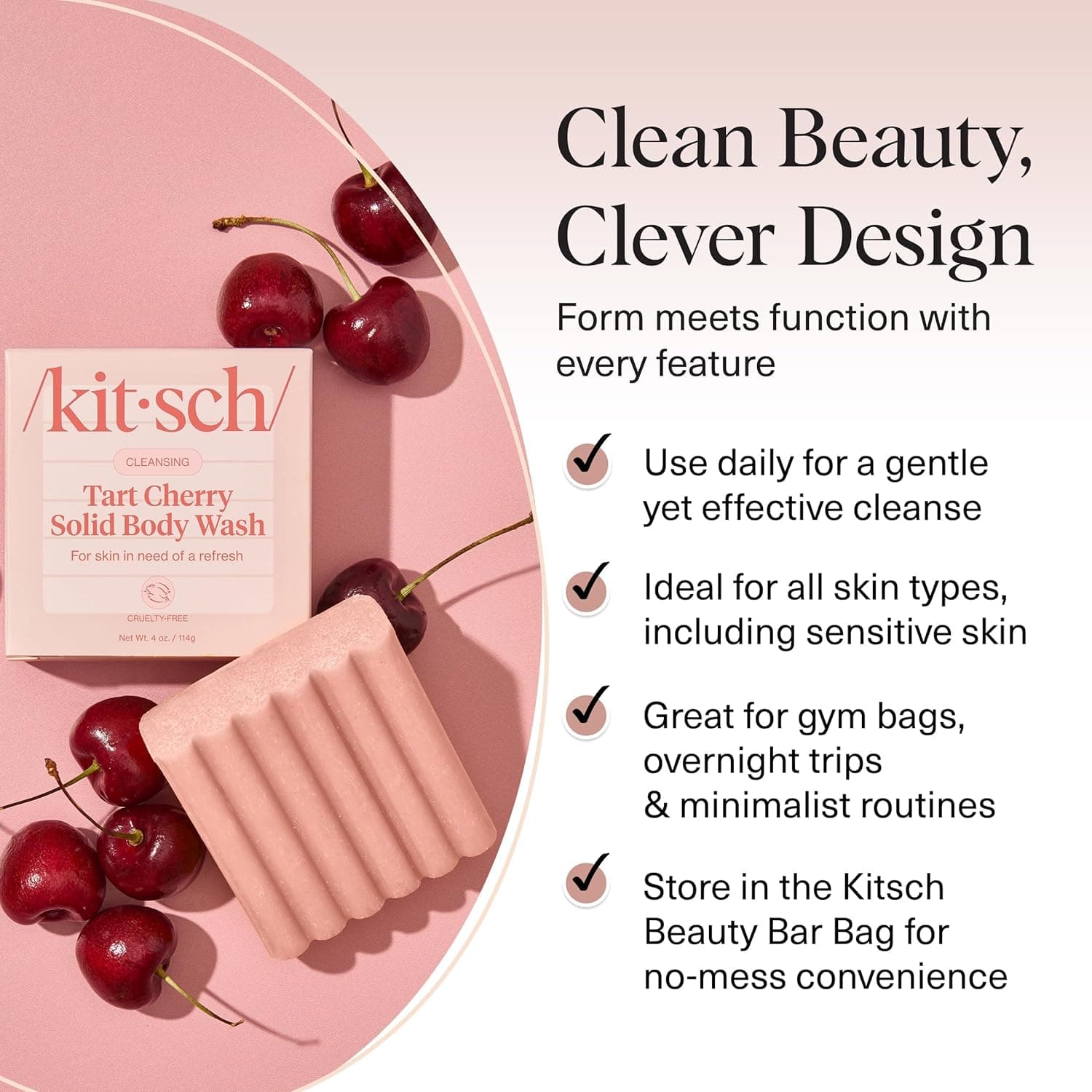Kitsch Cleansing Tart Cherry Soap Bar with Refreshing Scent - Eco-Friendly Body Wash Women Love - Cherry Solid Bar Soap for Daily Use - Silicone, Sulfate and Paraben Free, Made in USA - 4oz - Image 3