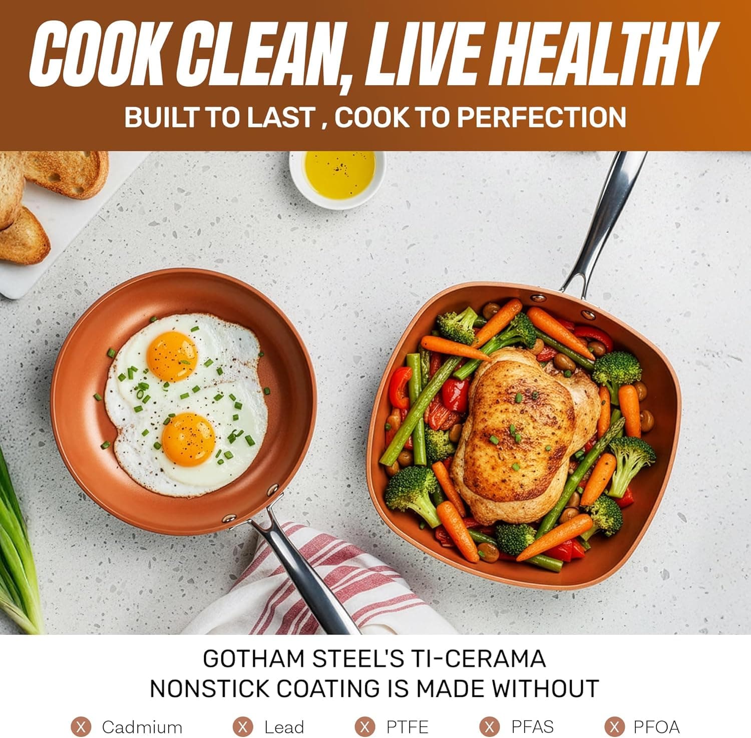 Gotham Steel 12 Pc Ceramic Cookware Set Nonstick, Ceramic Pots and Pans Set Non Stick with Steamer for Cooking, Non Toxic PFOA PFOS Free, Ergonomic Stay Cool Handles, Oven & Dishwasher Safe, Copper 12 Piece Set - Image 6