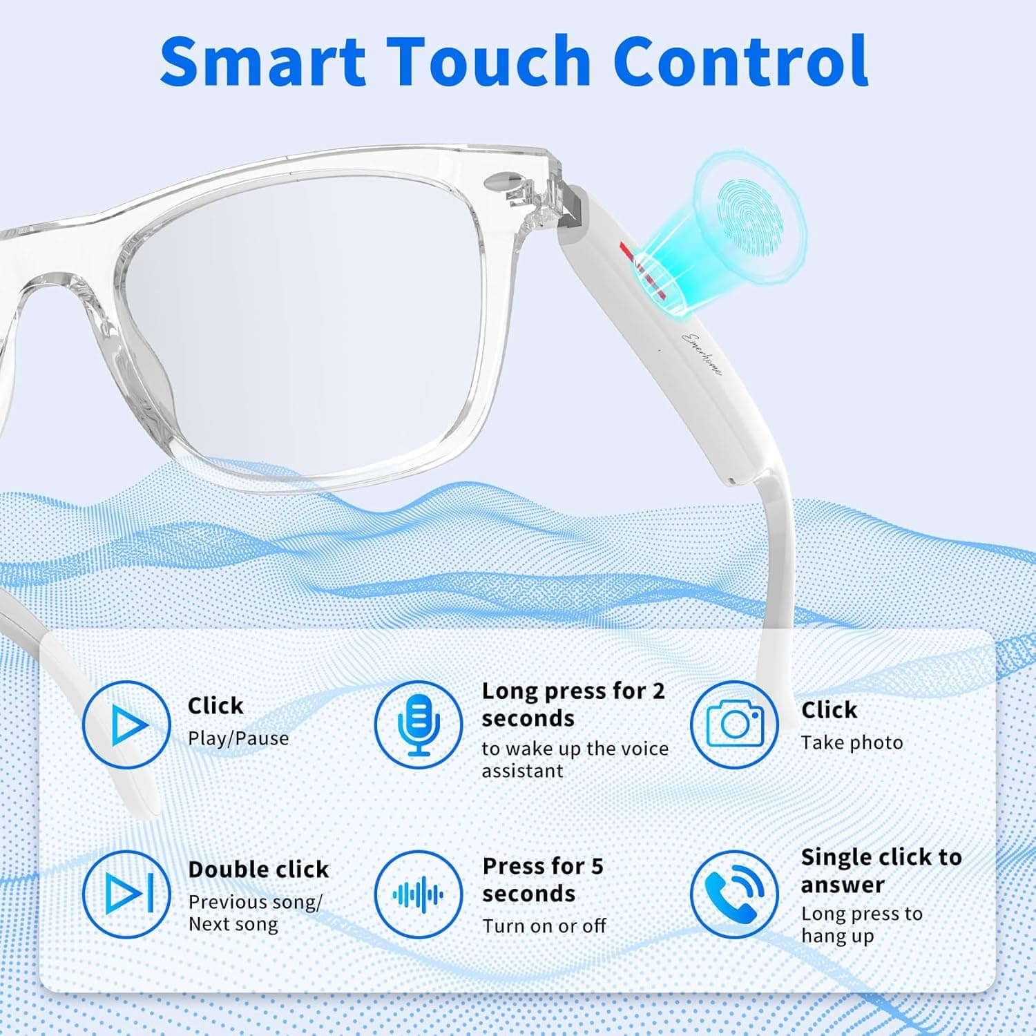 Smart Glasses - Bluetooth Glasses for Men & Women, Touch Control, Outdoor UV Protection and Voice Control, Hands-Free Calls (Clear Lens) Clear Lens Smart Touch Control - Image 5