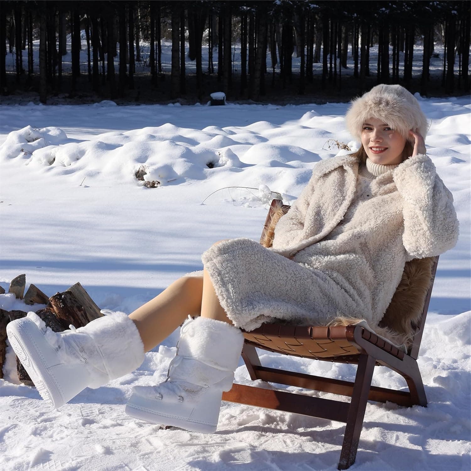 Faux Fur Boots for Women - Fuzzy Fluffy Furry Water Resistant Snow Boots for Women - Anti-Slip with Cotton Sponge Lined and TPR Rubber Sole Black White Fur Boots 8-9 White - Image 8