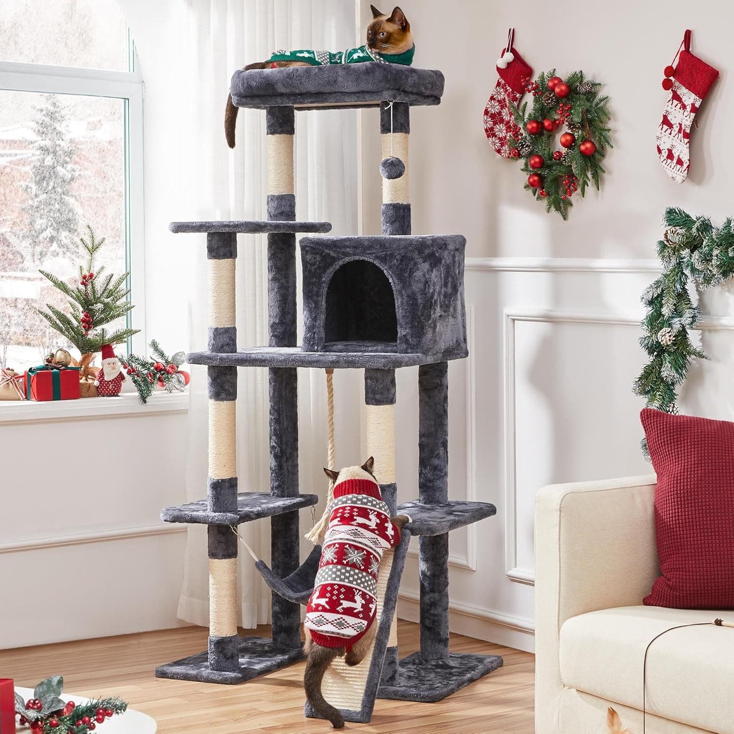 Yaheetech Large Multi-Level Cat Tree, 63 Inches Tall with Sisal-Covered Scratching Posts, Condo, Hammock, Dangling Ball, and Extended Platform for Cats to Play and Sleep Dark Gray 63in - Image 3