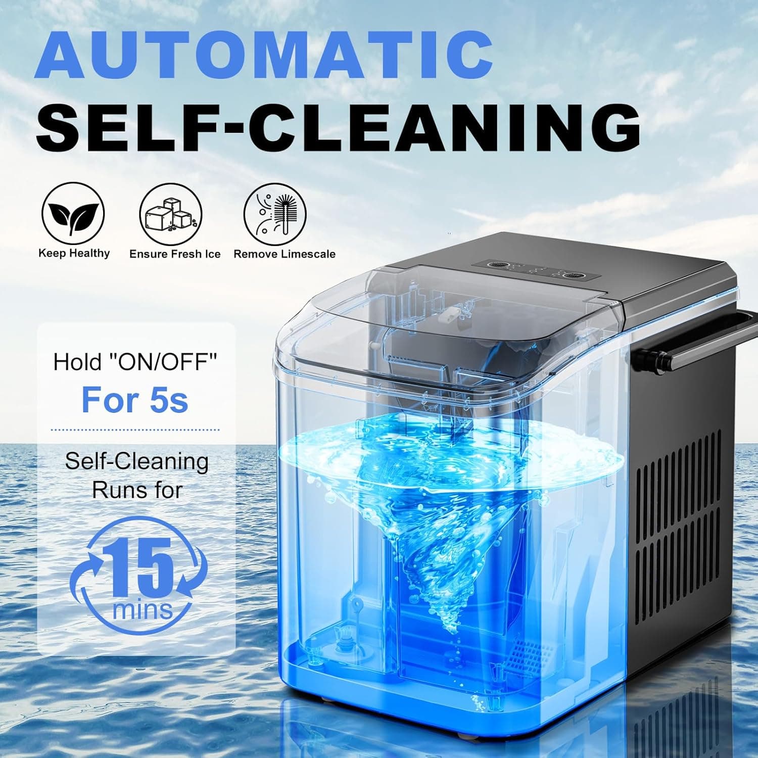 NEWBULIG Ice Makers Countertop with Handle, Portable Ice Machine, 9 Bullet Cubes in 6 Mins, 26lbs in 24Hrs, Auto-Cleaning, with Basket and Scoop, for Home, Kitchen, RV, Camping, Black Black Handle 12.5"*11.6"*8.8" - Image 3