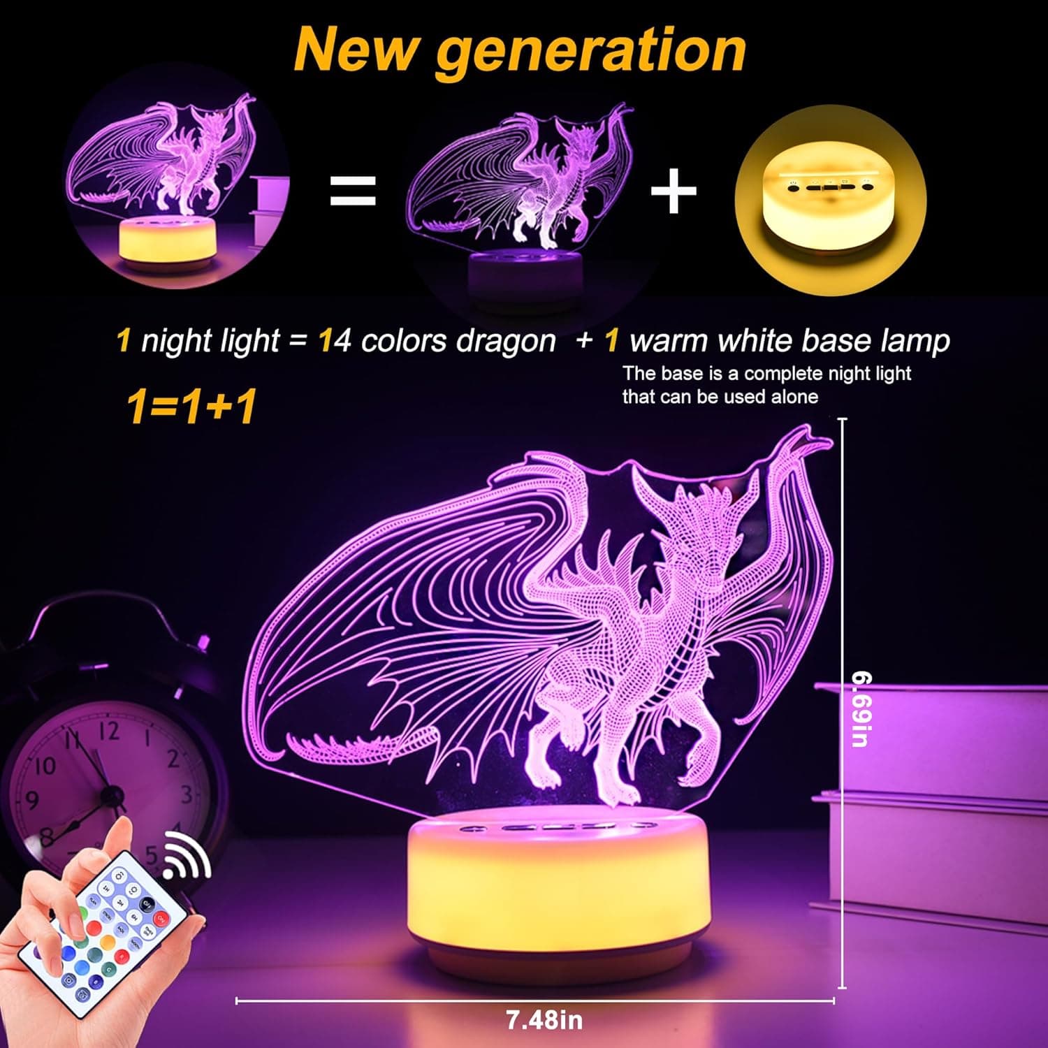 Night Light Spyro Dragon Toys,14 Color + Warm White Base LED Decor Light, Entity&Remote Control Christmas Birthday Gifts to Kids & Girls(New Generation) - Image 7