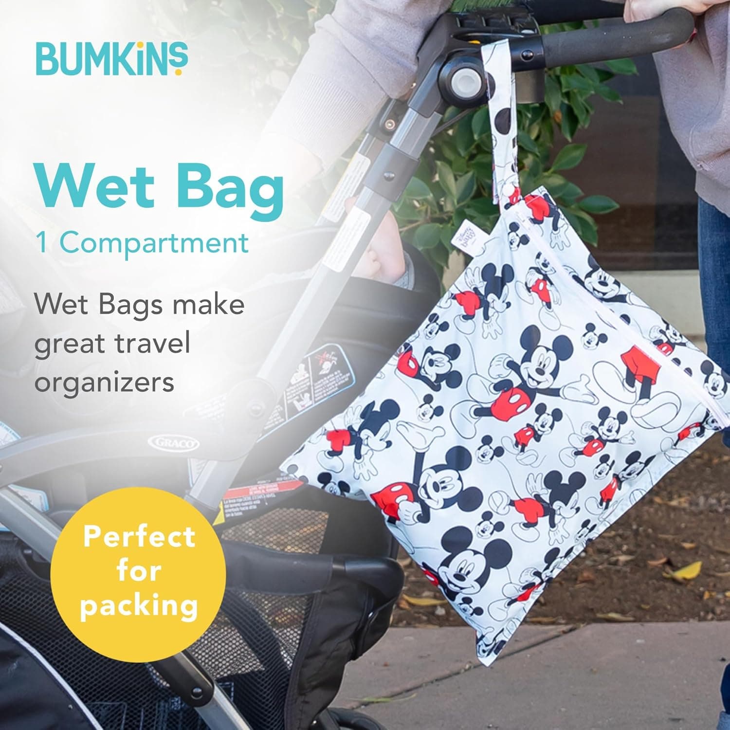 Bumkins Disney Waterproof Wet Bag for Baby, Travel, Swim Suit, Cloth Diapers, Pump Parts, Pool, Gym Clothes, Toiletry, Strap to Stroller, Daycare, Zipper Reusable Bag, Packing Pouch, Mickey Mouse Wet Bag A2 Mickey Mouse - Image 3