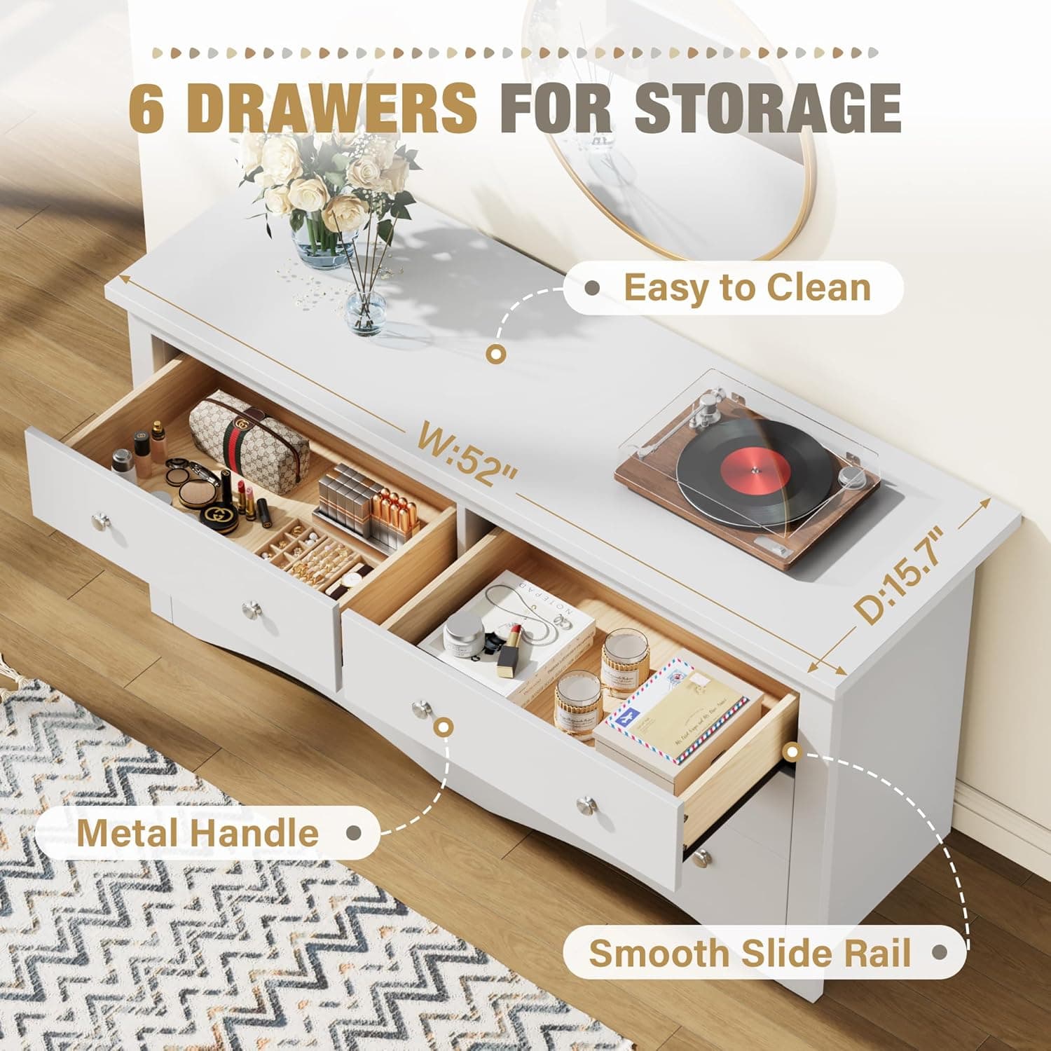 YESHOMY Dresser for Bedroom with 6 Drawers, Modern Chest of Drawers, Wooden Dressers, TV Stand for Living Room,Closet, Hallway (White) - Image 5