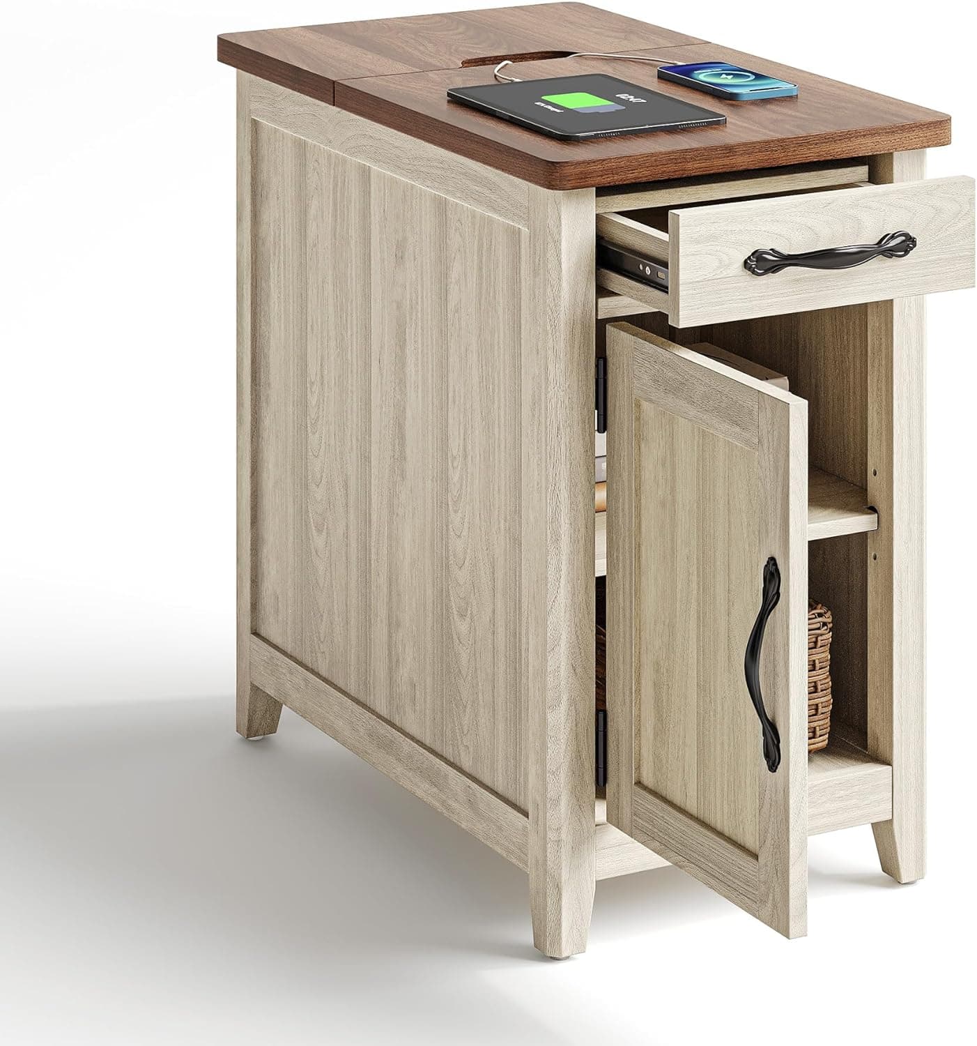 LINSY HOME Farmhouse End Table with Charging Station, Narrow Side Table for Living Room, Sofa Side Table with Drawer and Storage Cabinet, Small Nightstand for Home Office Wood Door Washed Grey and Brown 1 - Image 2