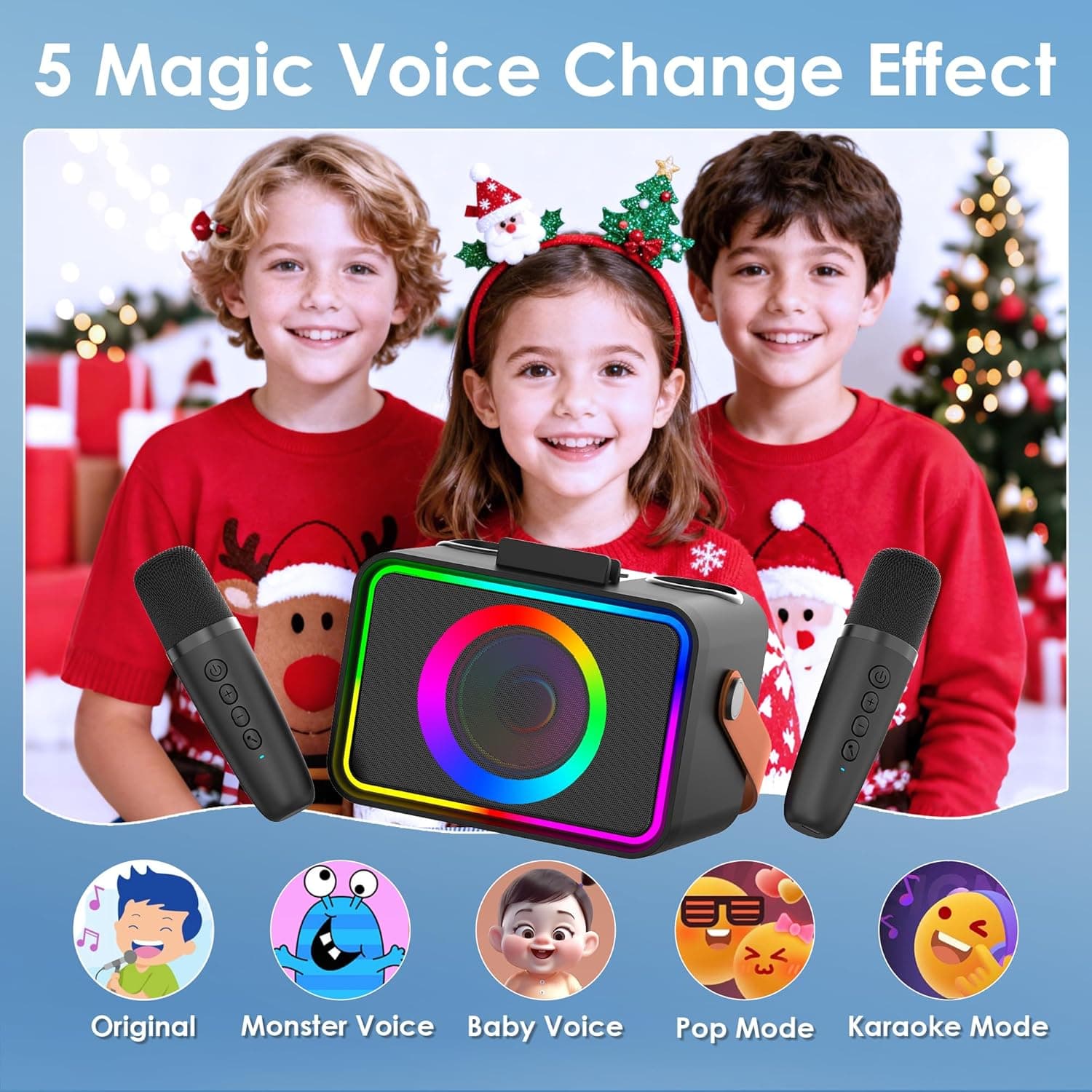 Karaoke Machine,Portable Bluetooth Speaker with 2 Wireless Microphone for Adults & Kids with LED Lights, Karaoke Microphone with PA System Supports USB/TF/AUX,Gift for Party (Black) - Image 4