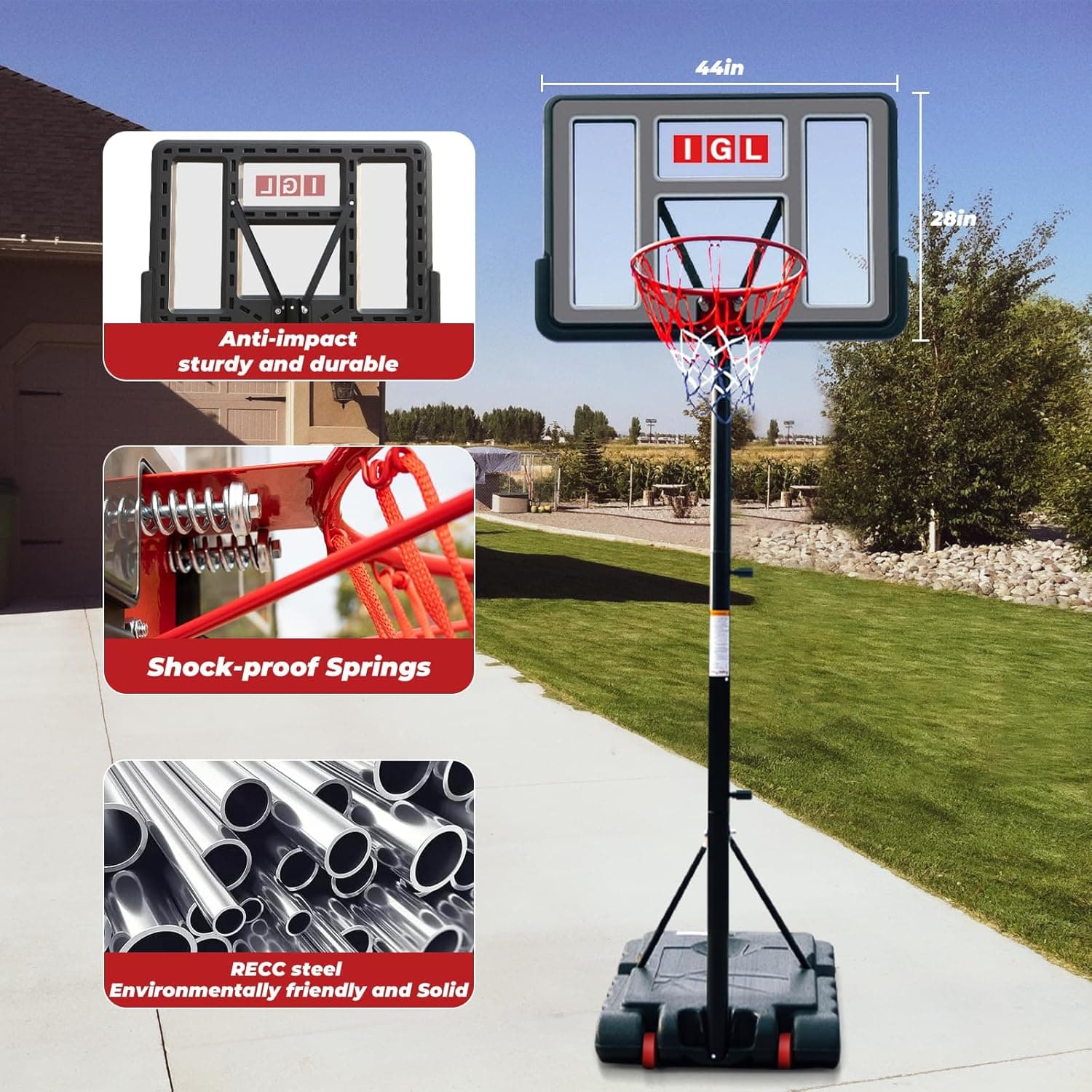 IGL Portable Basketball Hoop, 5.6-10FT Adjustable Basketball Goal System, 44 Inch Outdoor Basketball Hoop & Goals for Kids, Youth, and Adults in The Backyard, Driveway with PC Backboard Black - Image 2