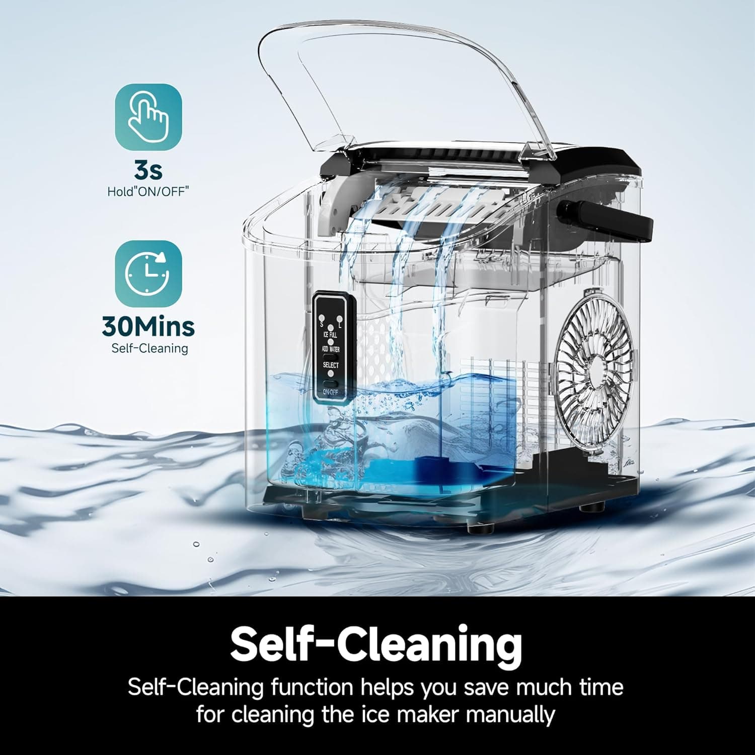 EUHOMY Ice Maker Countertop, 9 Cubes Ready in 6 Mins, 26lbs/24H, Self-Cleaning, Portable Ice Maker Machine with Carry Handle, Basket and Scoop, 2 Sizes of Bullet Ice for Home, Kitchen, Office - Image 6