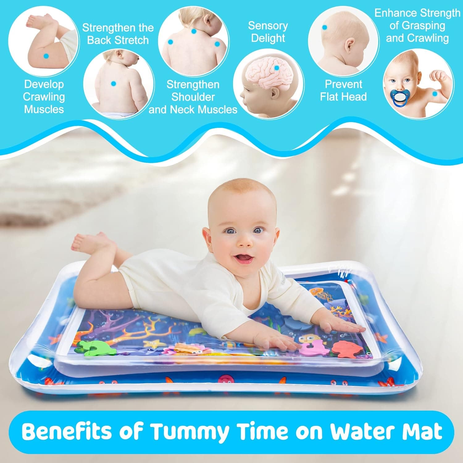Tummy Time Water Mat丨Inflatable Tummy Time Water Play Mat for Babies, Infants and Toddlers 3 to 12 Months Promote Development Toys Baby Gifts Blue - Image 4