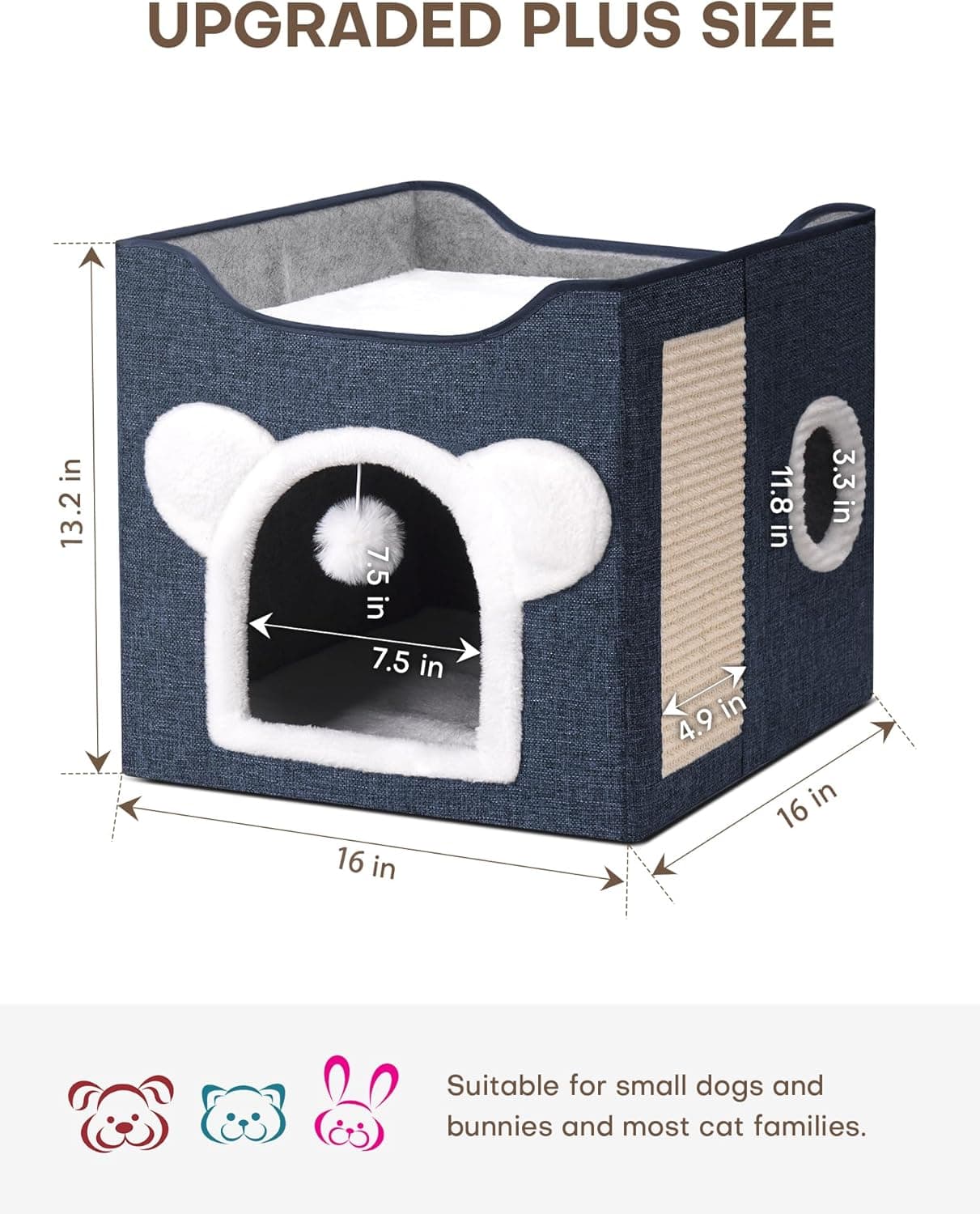 Cat Houses for Indoor Cats, Large Cat Cave with Fluffy Ball and Scratch Pad, Covered Cat Bed House, Foldable Cat Hideaway Deepblue - Image 3