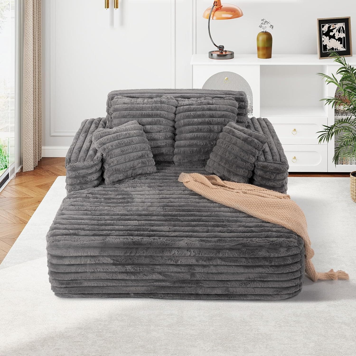 56"W Oversized Chaise Lounge Chair Indoor,Plush Faux Fur Sleeper Sofa Couch Bed with Pillows&Wide Armrest,Fluffy Comfy Cloud Sofa,Compression Foam Boneless Couch for Living Room,Bedroom(Grey) - Image 10