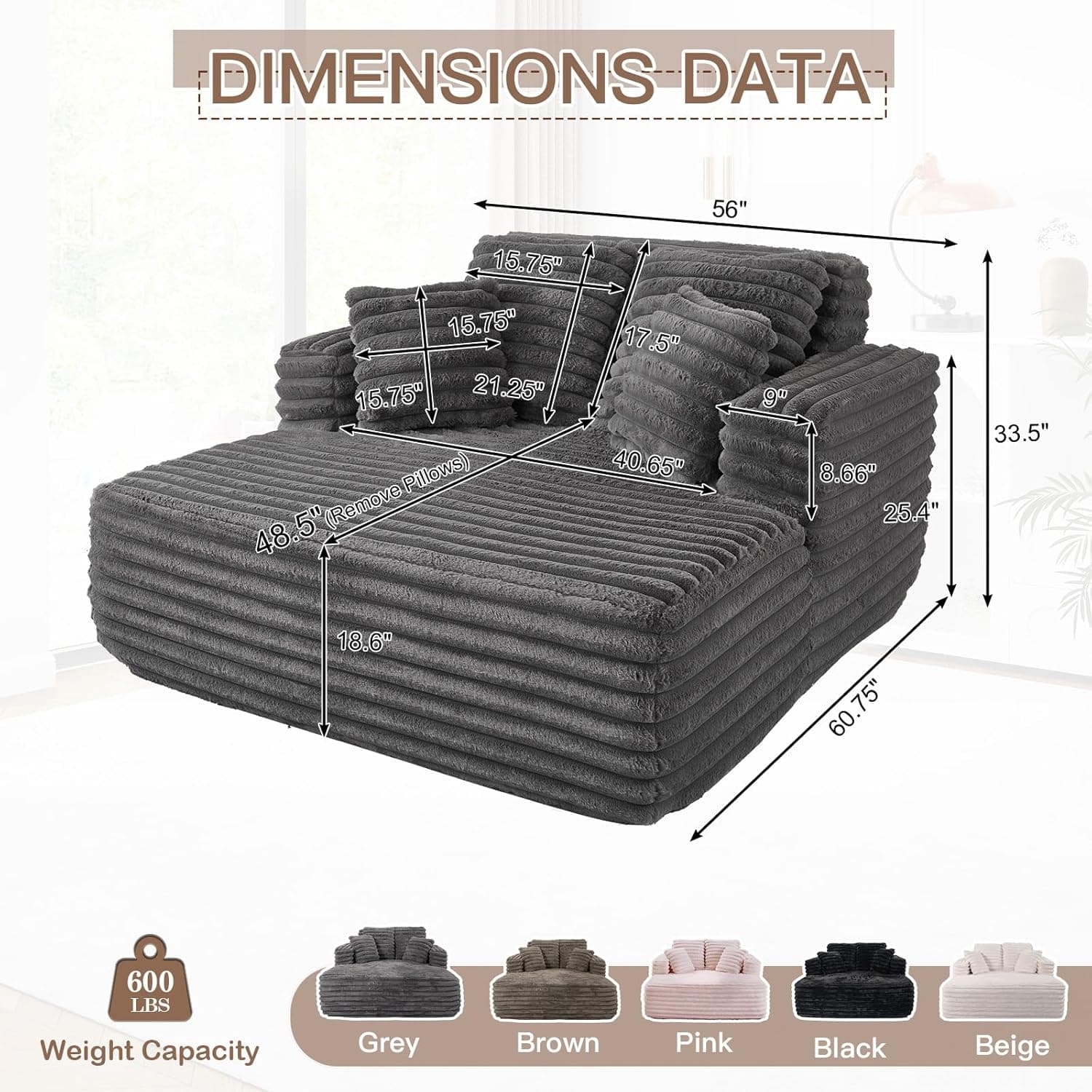 56"W Oversized Chaise Lounge Chair Indoor,Plush Faux Fur Sleeper Sofa Couch Bed with Pillows&Wide Armrest,Fluffy Comfy Cloud Sofa,Compression Foam Boneless Couch for Living Room,Bedroom(Grey) - Image 3