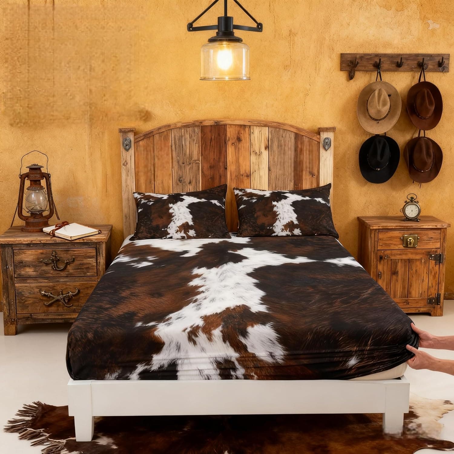 Cowhide Print Fitted Sheet Full Size 3 Pcs, Cow Fur Pattern Theme Bedding Deep Pocket for Home Bedroom Decor, Maroon (1 Fitted Sheet+2 Pillowcases) No Flat Sheet Cowhide Print 01 FULL (W54*L75*H16") - Image 2