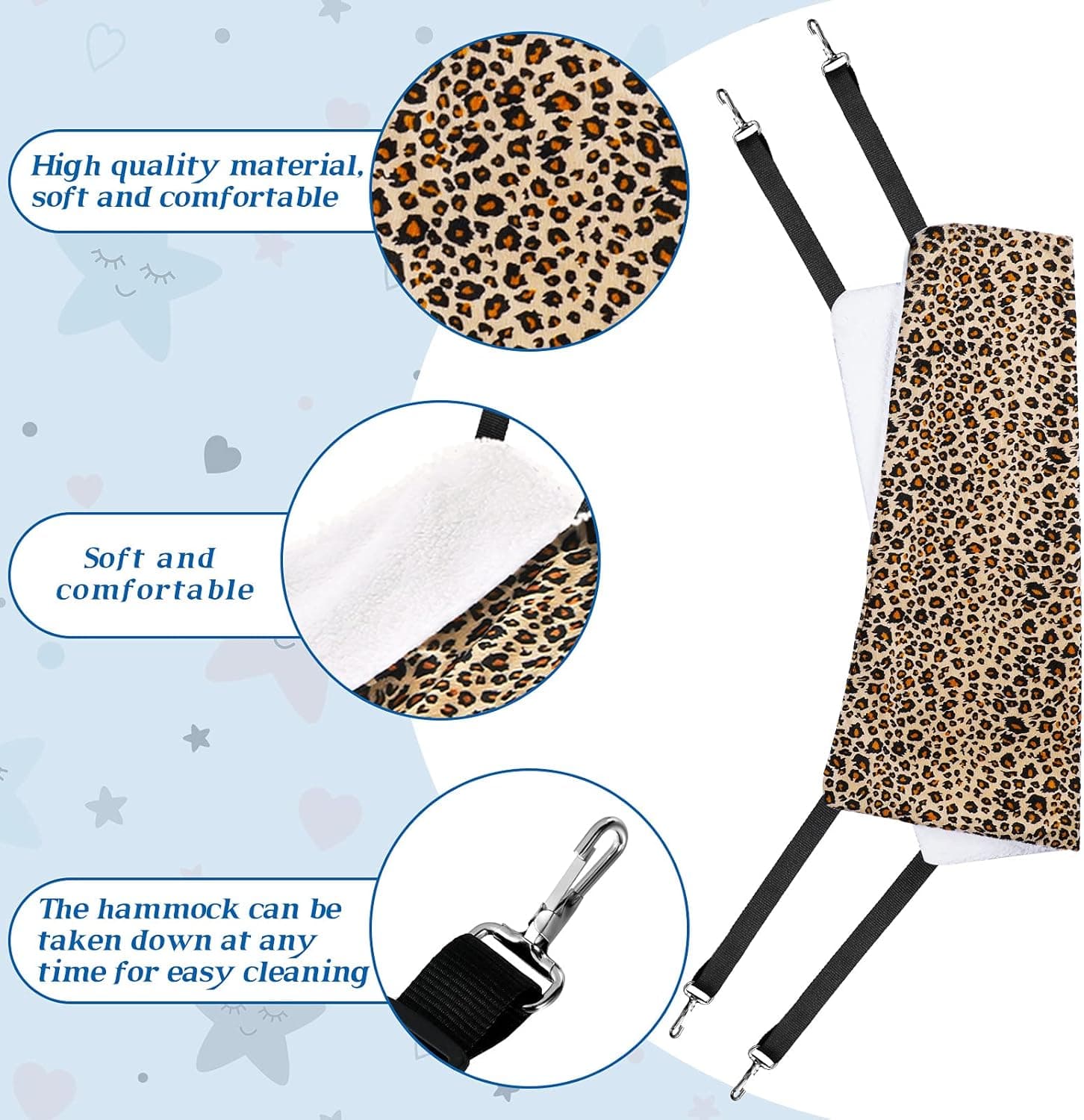 Jetec 2 Pieces Reversible Cat Hanging Hammock Soft Breathable Pet Cage Hammock with Adjustable Straps and Metal Hooks Double Sided Hanging Bed for Small Dogs Rabbits(Leopard and Dot,M) Leopard and Dot M - Image 6