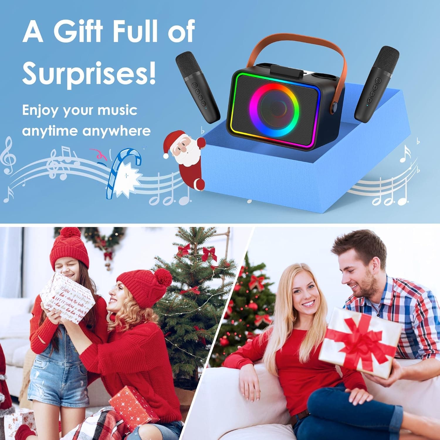 Karaoke Machine,Portable Bluetooth Speaker with 2 Wireless Microphone for Adults & Kids with LED Lights, Karaoke Microphone with PA System Supports USB/TF/AUX,Gift for Party (Black) - Image 8