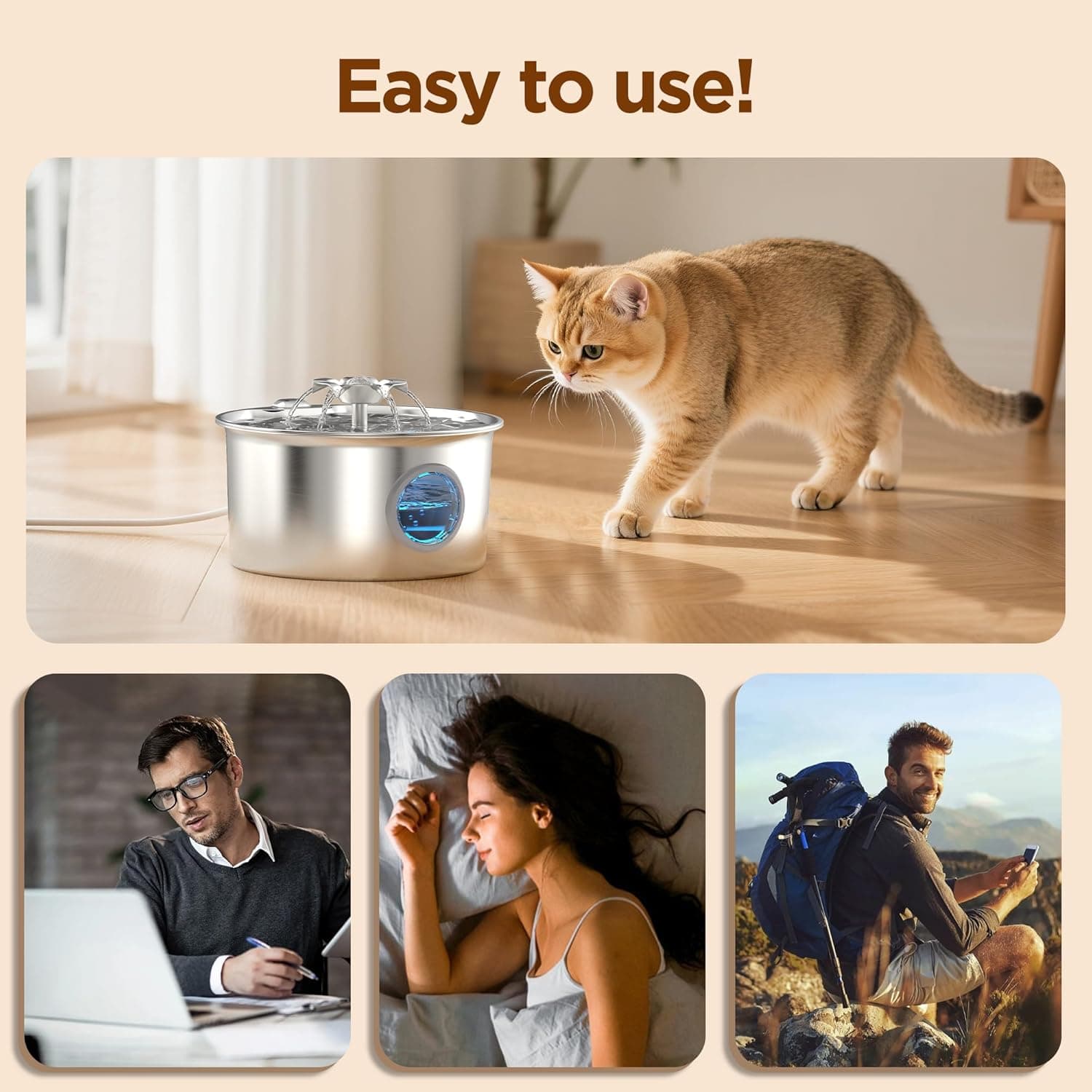 Stainless Steel Cat Water Fountain: 88oz/2.6L Ultra Quiet Pet Fountain with Flower Kitty Spout & LED Blue Light Water Dispenser with Water Level Window for Cats/Dogs Indoor (Silver) - IHOUONE cat Fountain + 1 Filters & 1 Sponges - Image 8