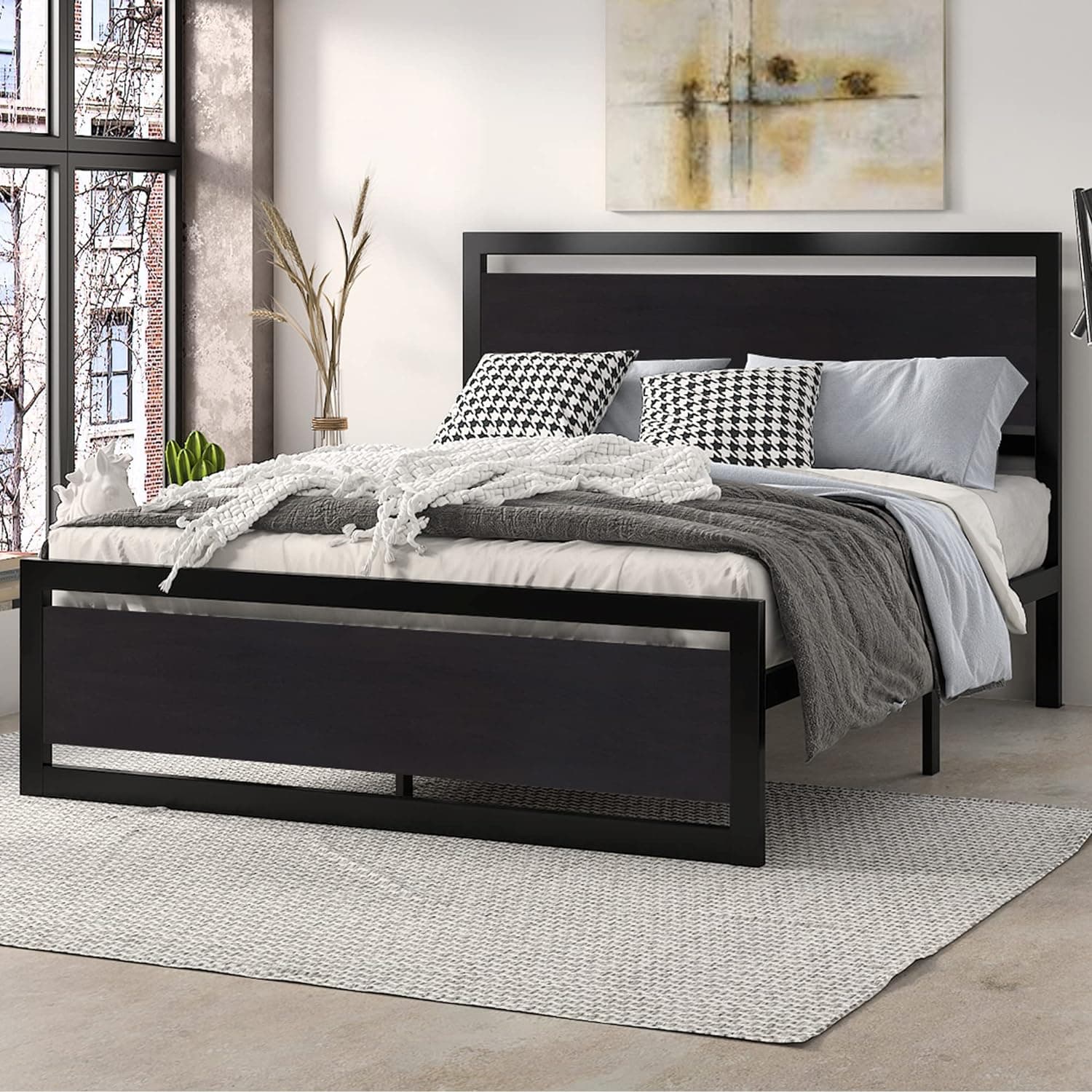 SHA CERLIN Queen Size Bed Frame with Modern Headboard, Heavy Duty Platform Metal Base with Square Footboard and 13 Strong Slats Support, No Box Spring Needed, Black Queen Black - Image 4