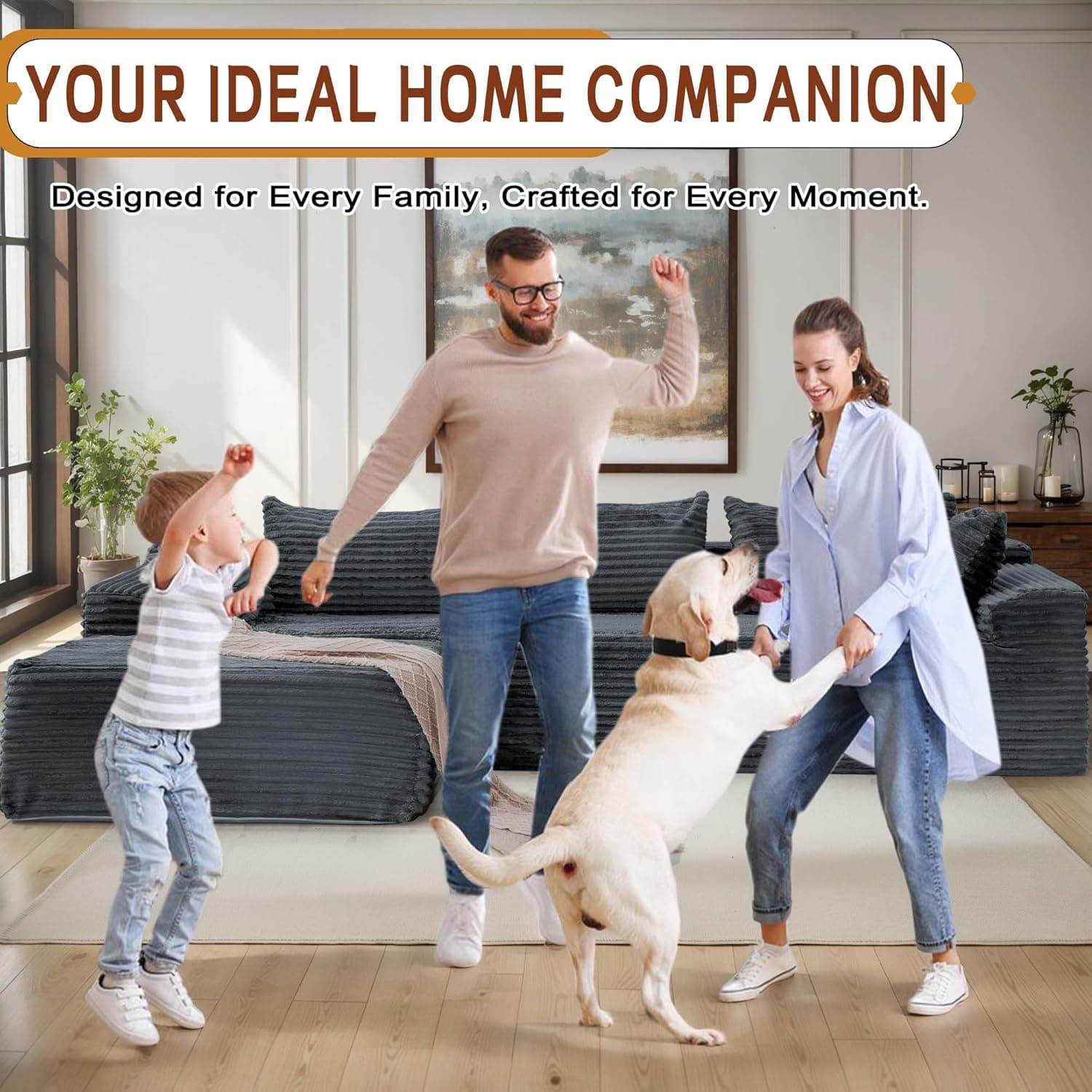 108" Sectional Couches for Living Room, Modular Sectional Sofa with L-Shape Chaise, Cloud Couch, Comfy Corduroy Fluffy Couch with Deep Seat and Side Pockets, No Assembly Required Charcoal Grey - Image 7