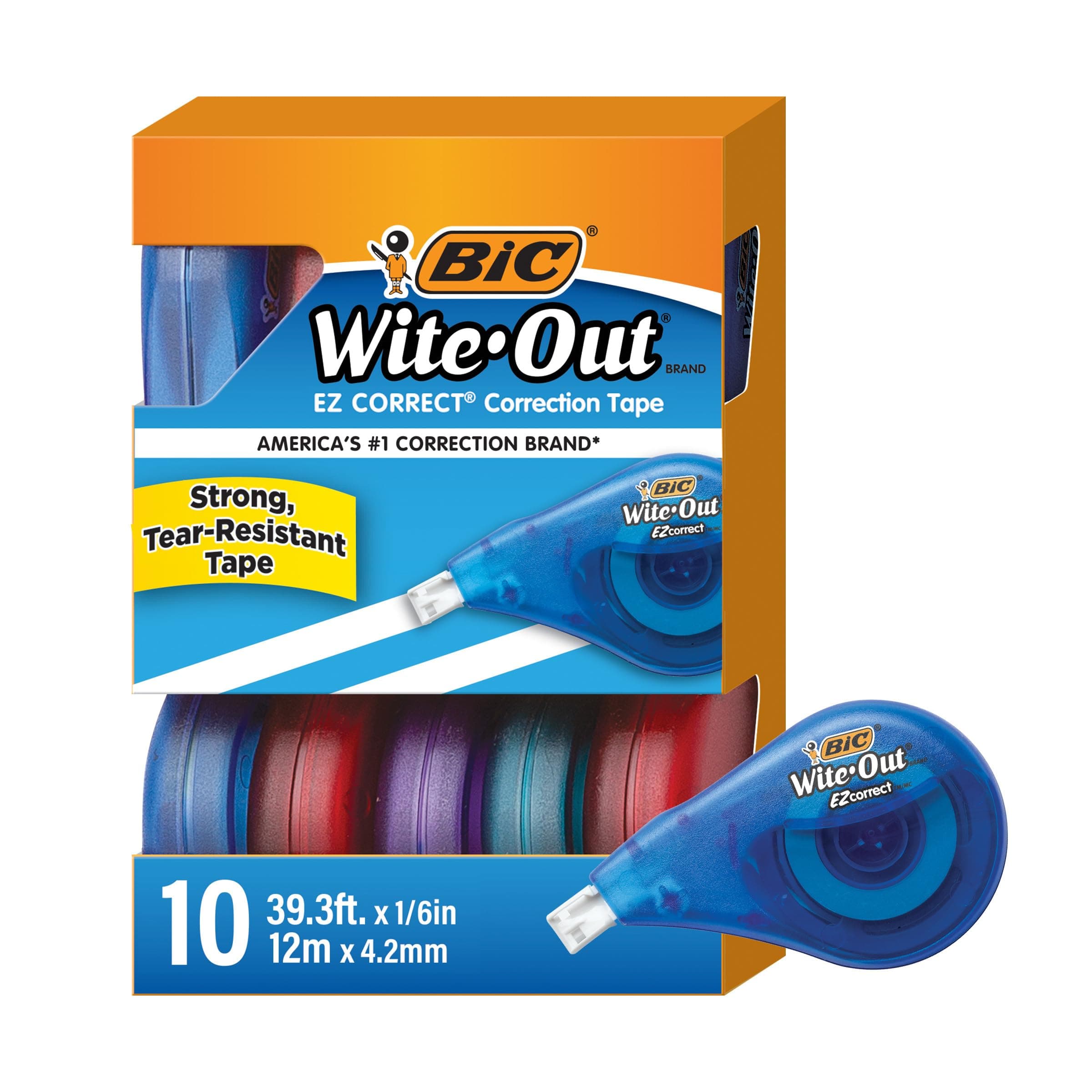 Cinta Correctora BIC Wite-Out EZ Correct Resistente al Desgarro con 39.3 pies de Cinta, Paquete de 10 en Blanco