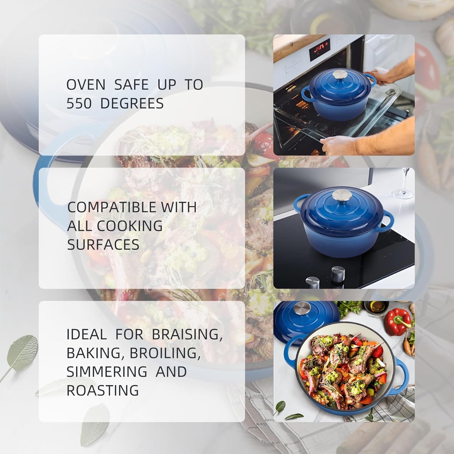 6 Quart Dutch Oven Enameled Cast Iron with Lid - Big Dual Handles - Oven Safe up to 500°F - Classic Round Pot for Versatile Cooking (Blue, 6 QT) 6 QT Blue - Image 4