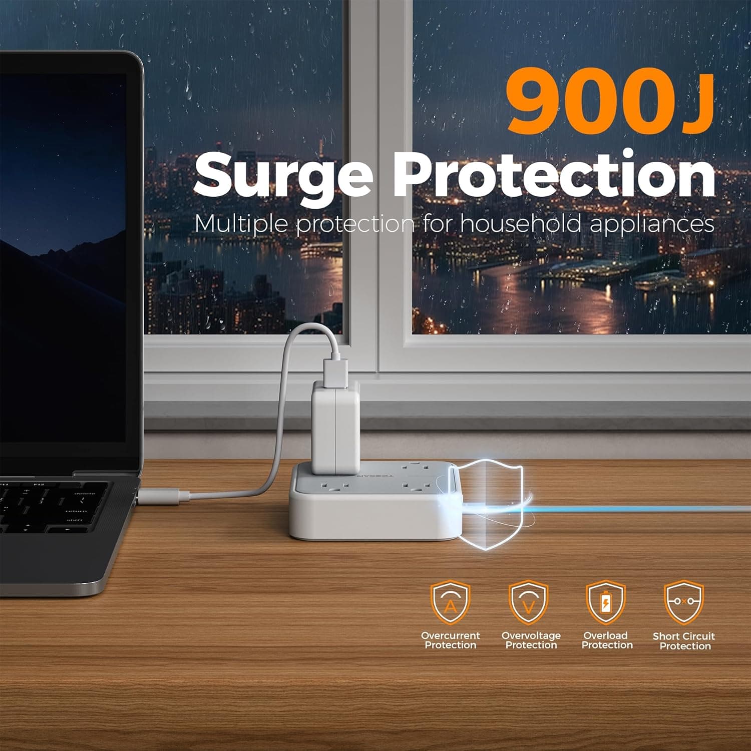 TESSAN Surge Protector Flat Extension Cord 5Ft, Flat Plug Power Strip with 4 Outlets 3 USB Ports (1 USB C), 900 Joules Protection, Multiple Wall Outlet Extender Suitable for Home Office Dorm, Grey Grey & Surge Protector 5 FT - Image 3