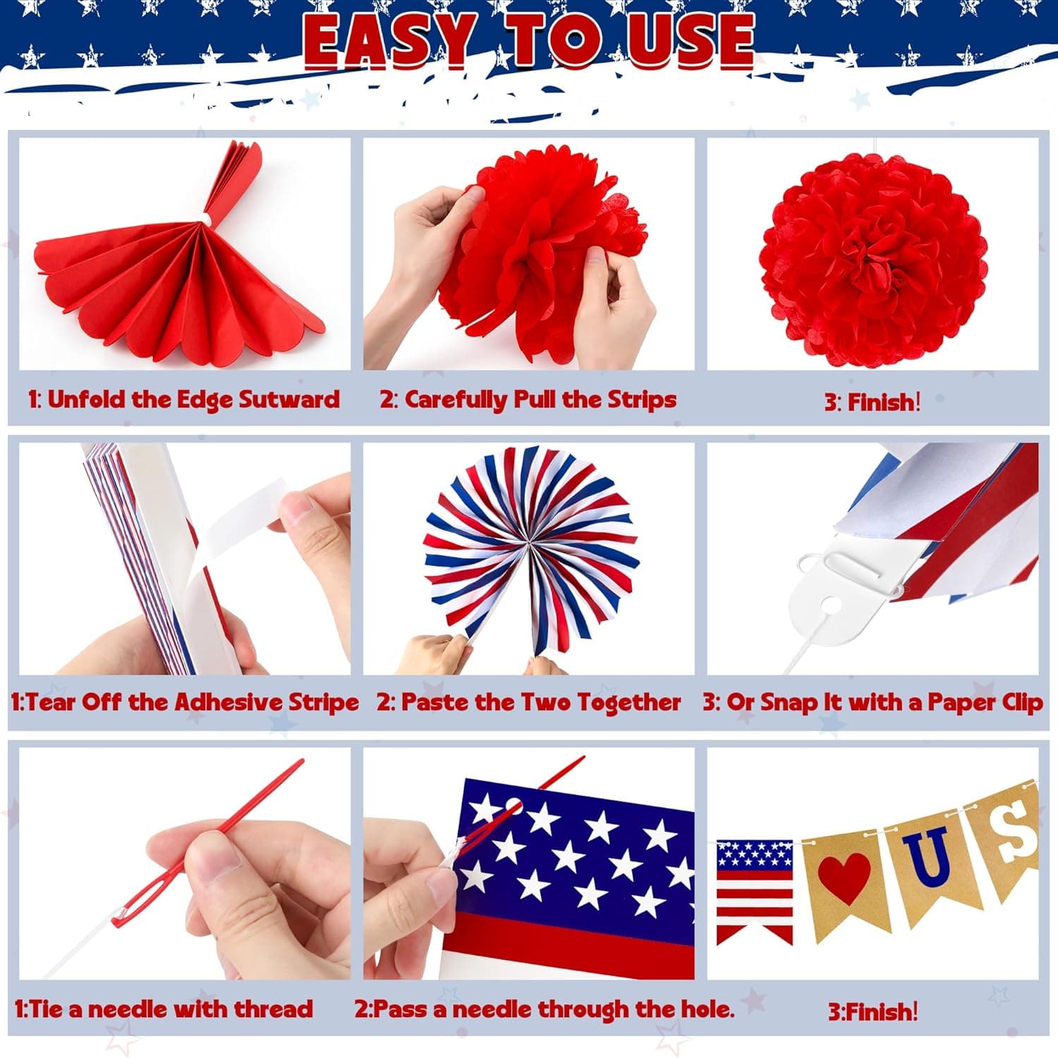 26 PCS 4th of July Decorations, Red White Blue Paper Fans in Patriotic Designs, 4th of July Banner Pompom Star Garland and Hanging Swirls Set for Fourth of July Independence Day Party Supplies Decor - Image 5