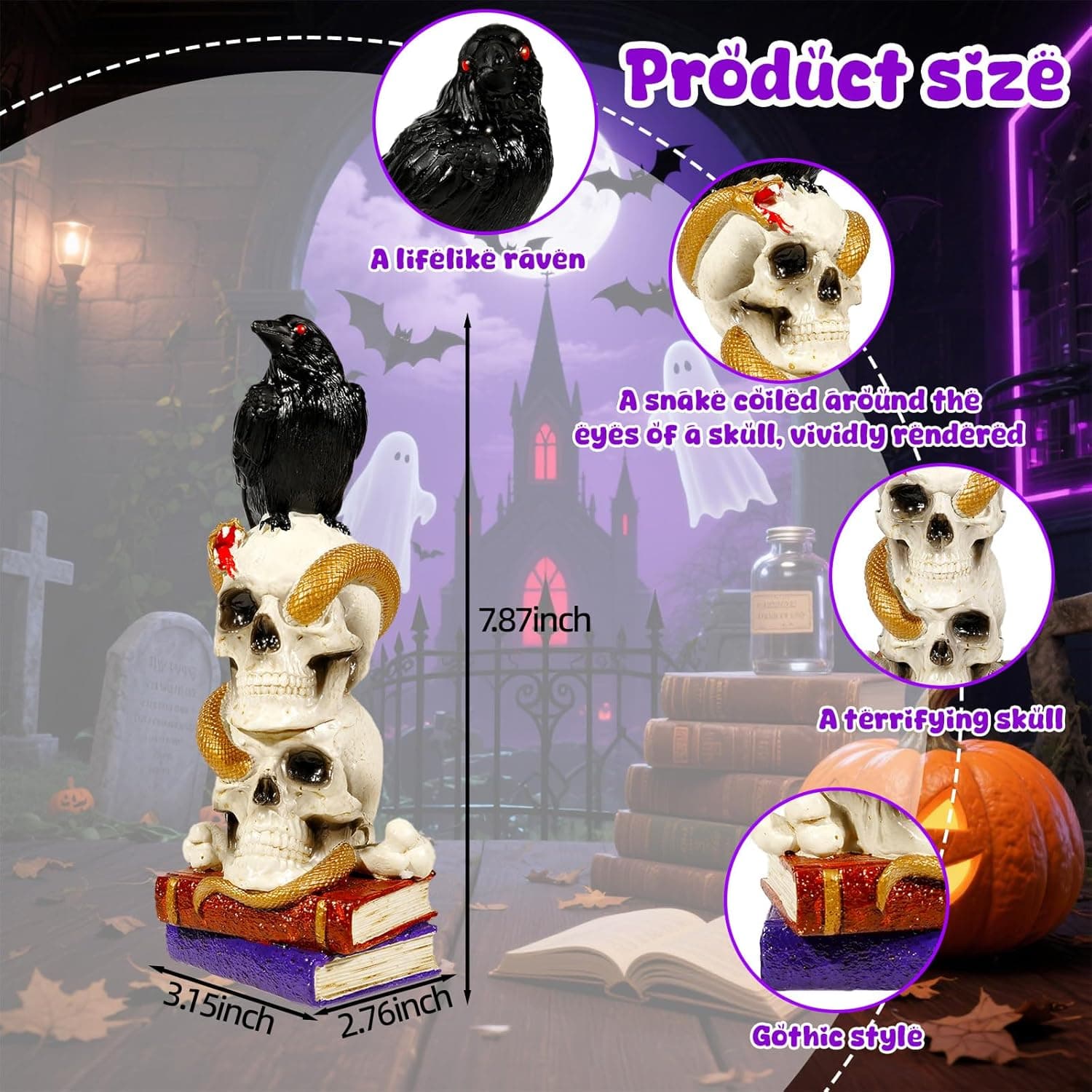 Wowagoga Halloween Raven Skull,Skeleton Skull Head, Totem Pole Decor with Book 8 Inch Tall Macabre Art Sculpture for Home Office - Image 3