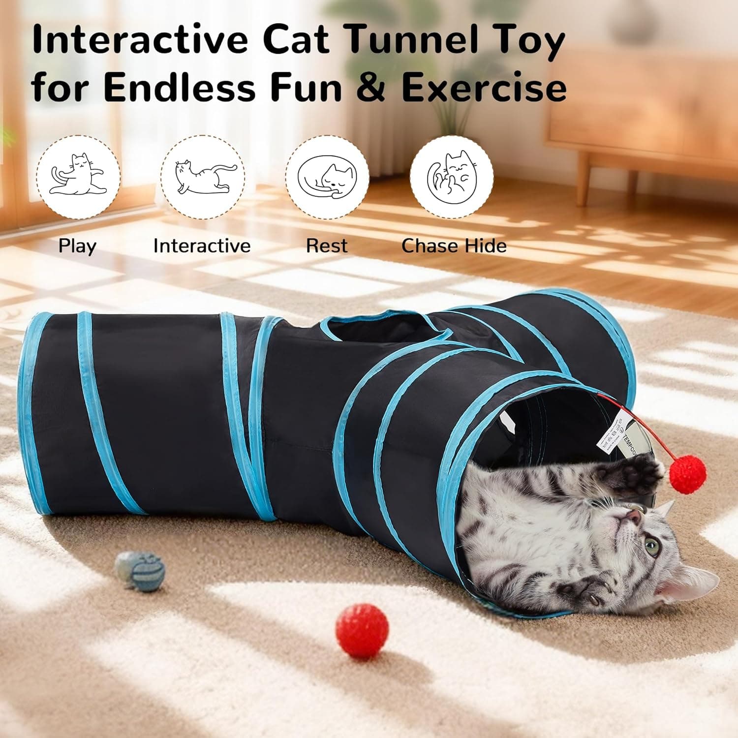 Tempcore Pet Cat Tunnel Tube Cat Toys 3 Way Collapsible, Tunnels for Indoor Cats，Kitty Bored Peek Hole Toy Ball Cat, Puppy, Kitty, Kitten, Rabbit 3-Way 3-Way Blue - Image 3