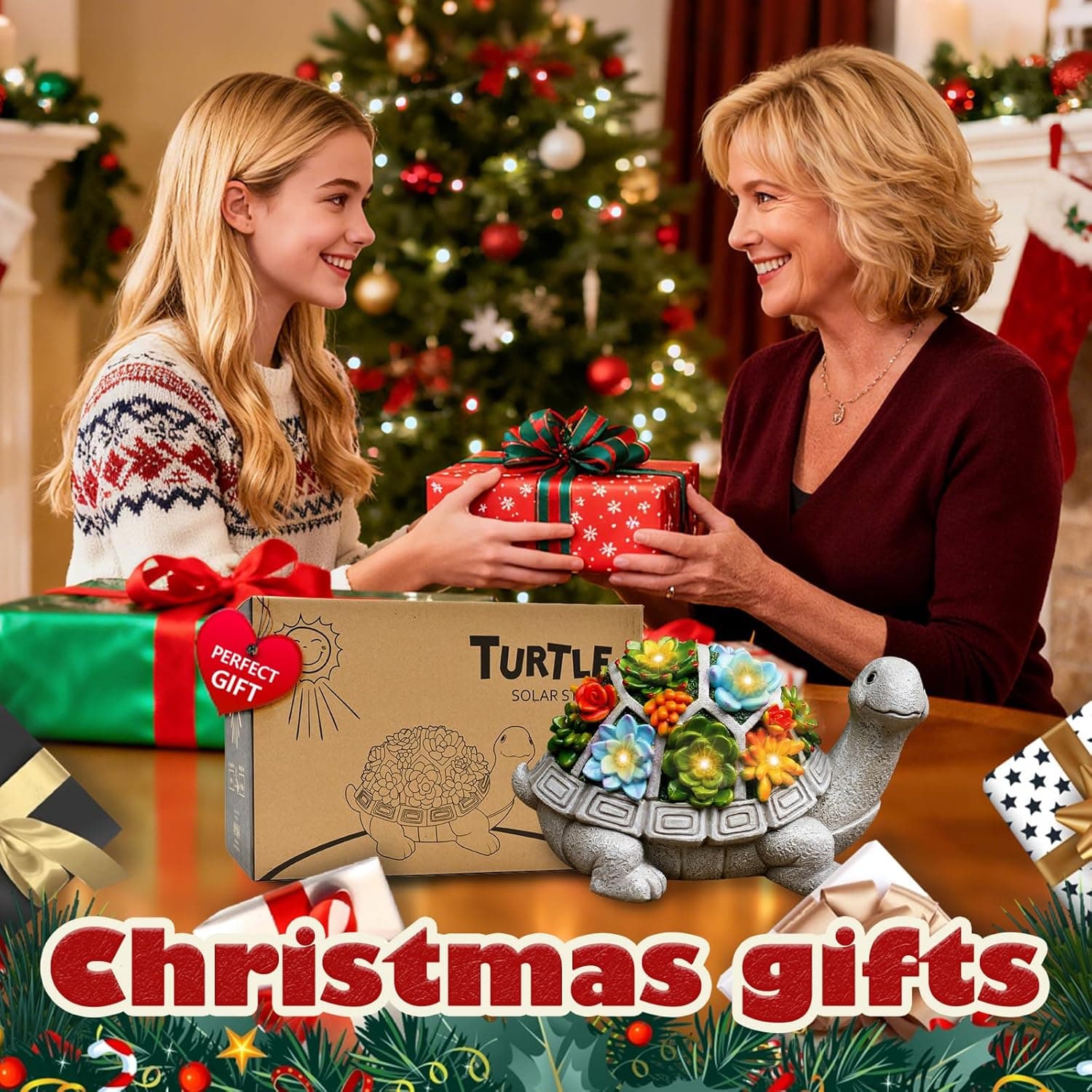 Nacome Solar Garden Outdoor Statues Turtle with Succulent and 7 LED Lights - Lawn Decor Tortoise Statue for Patio, Balcony, Yard Ornament - Chrismtas Gifts for Mom Grandma Grey Turtle - Image 10