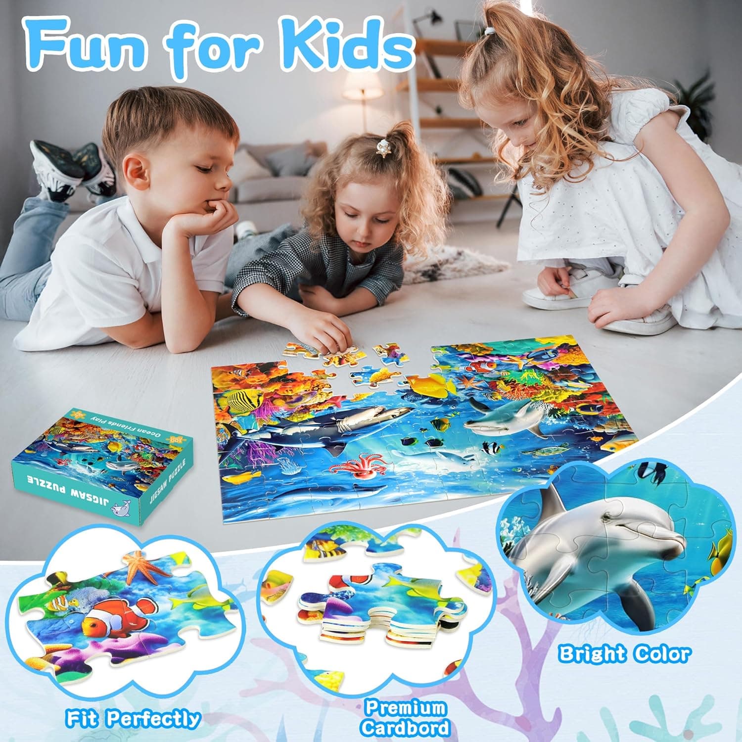 100 Piece Puzzles for Kids Ages 4-6, 4 in 1 Jigsaw Puzzles for Kids Ages 6-8, Sea World Cats Dogs Unicorn Learning Educational Children Puzzles 5-8 for Boys and Girls - Image 3