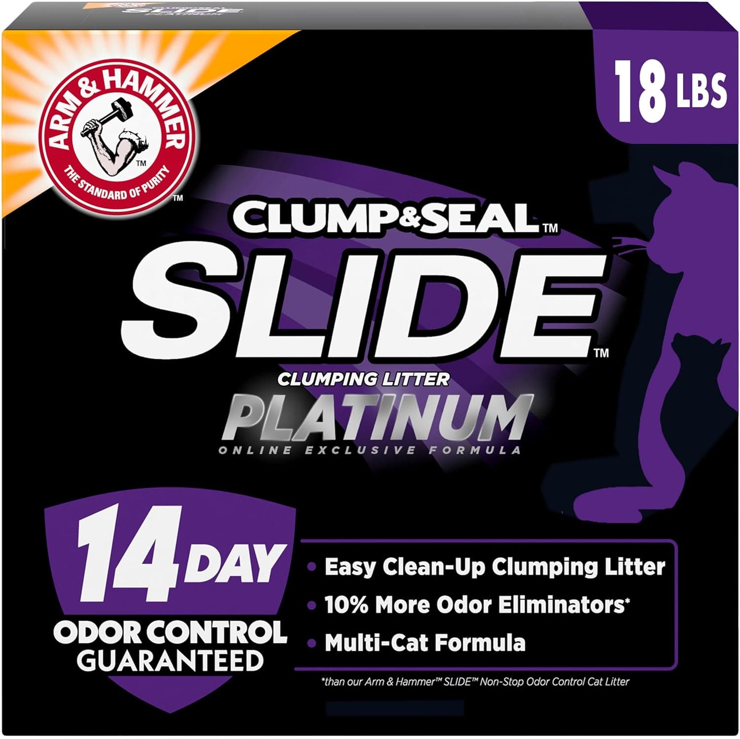 ARM & HAMMER Clump & Seal SLIDE Platinum Multi-Cat Clumping Cat Litter, 14-Day Odor Control, EZ Clean Technology, 18 lbs – No Scrubbing, Powerful Odor Eliminator SLIDE Platinum Clumping Litter 18 Lbs - Image 2