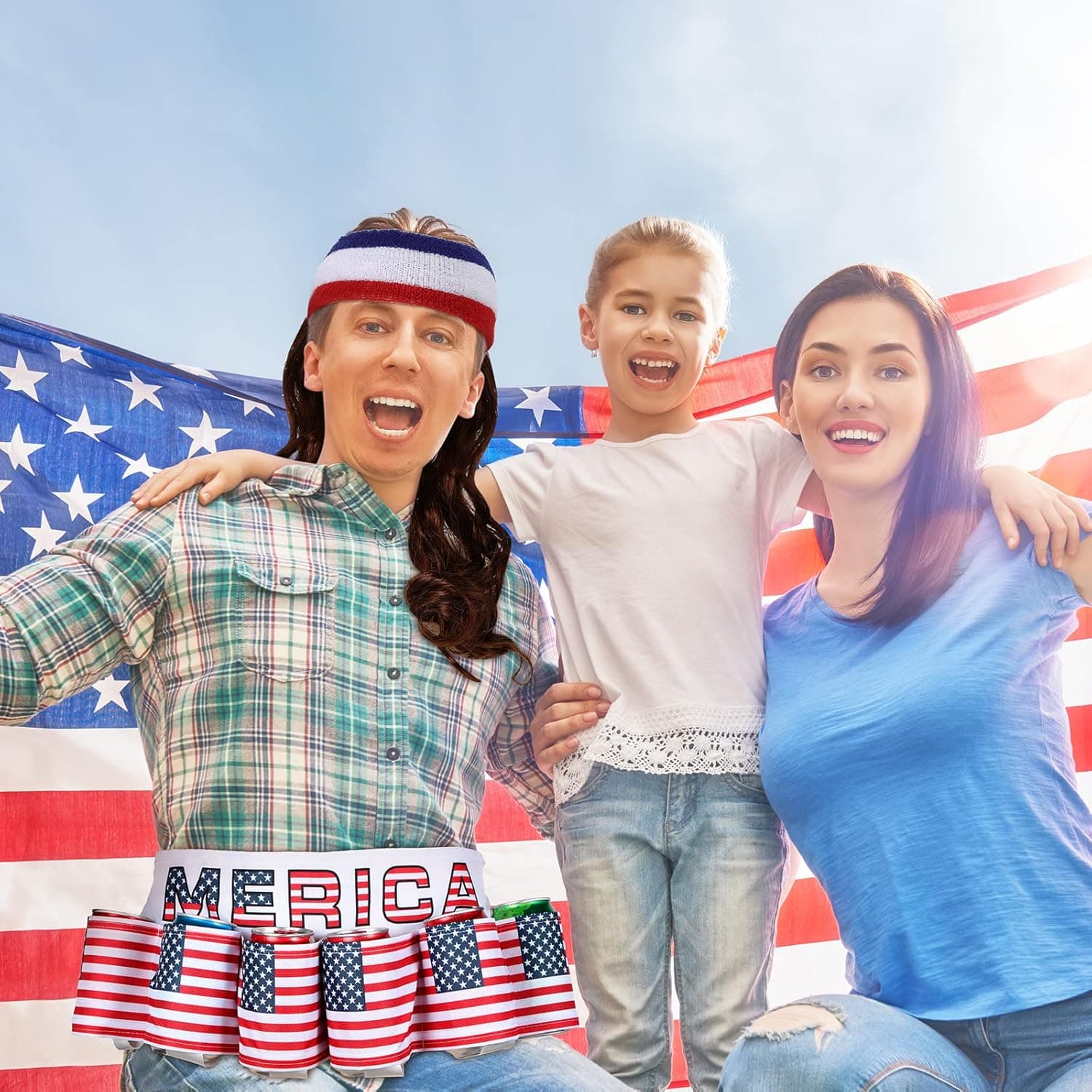 2 Pcs Halloween Costume America Beverage Beer Belt Holder and Mullet Wigs Headband 4th of July Patriotic USA Flag Beer Gift for Men Christmas - Image 7