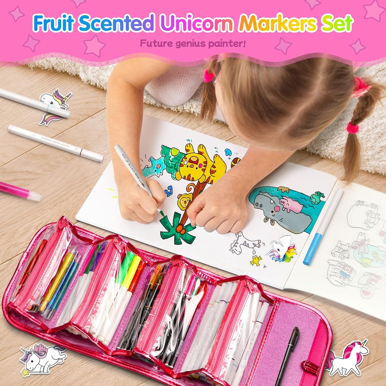 beefunni Unicorn Washable Markers Set 48 pcs with Glitte Pencil Case, Art Supplies for Kids Ages 4-6-8, Arts Crafts Coloring Set with Stickers - Birthday Gifts for Girls 4 5 6 7 8 9 Year Old Hot Pink - Image 4