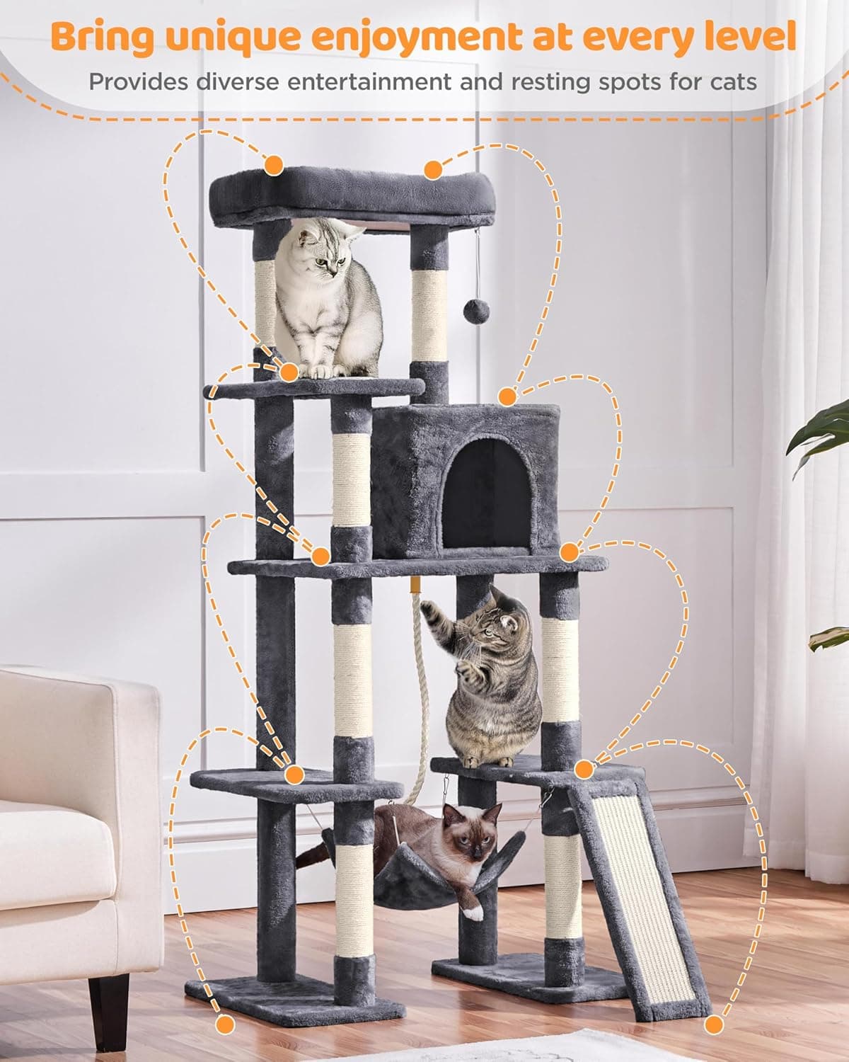 Yaheetech Large Multi-Level Cat Tree, 63 Inches Tall with Sisal-Covered Scratching Posts, Condo, Hammock, Dangling Ball, and Extended Platform for Cats to Play and Sleep Dark Gray 63in - Image 4