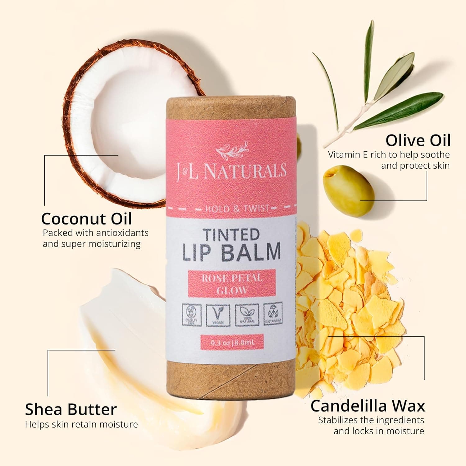 Bálsamo Labial Tinte J&L Naturals | Tinte Labial Vegano y Libre de Crueldad | Maquillaje Cero Residuos | Tinte Labial Hidratante y Libre de Plástico | Hecho en EE. UU. (Duo (2-Pack), Rose Petal Glow) - Image 5