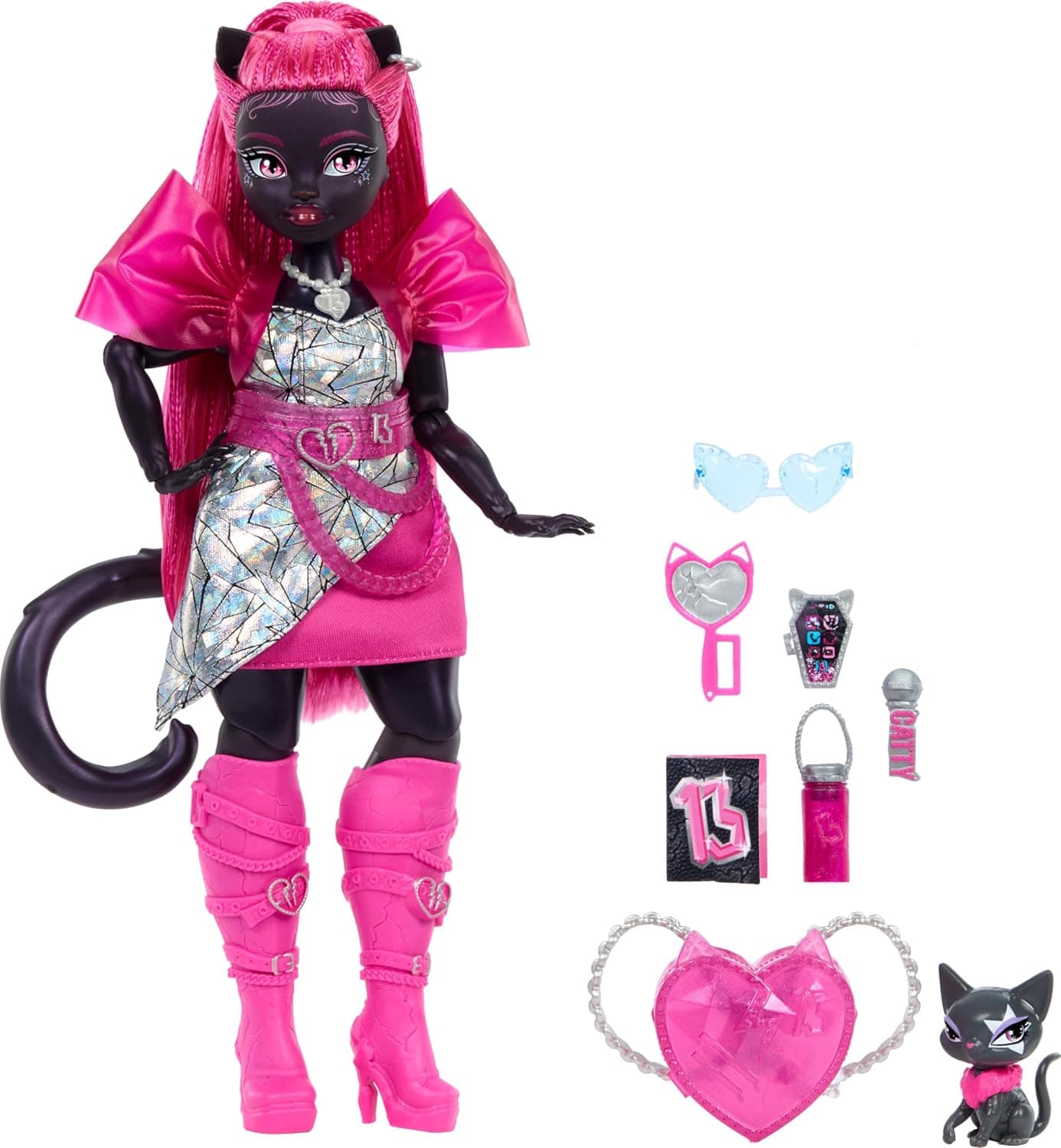 Poupée Monster High Catty Noir avec son chat de compagnie Amulette et accessoires comme un sac à dos, un livre de musique, un microphone et plus - Image 6