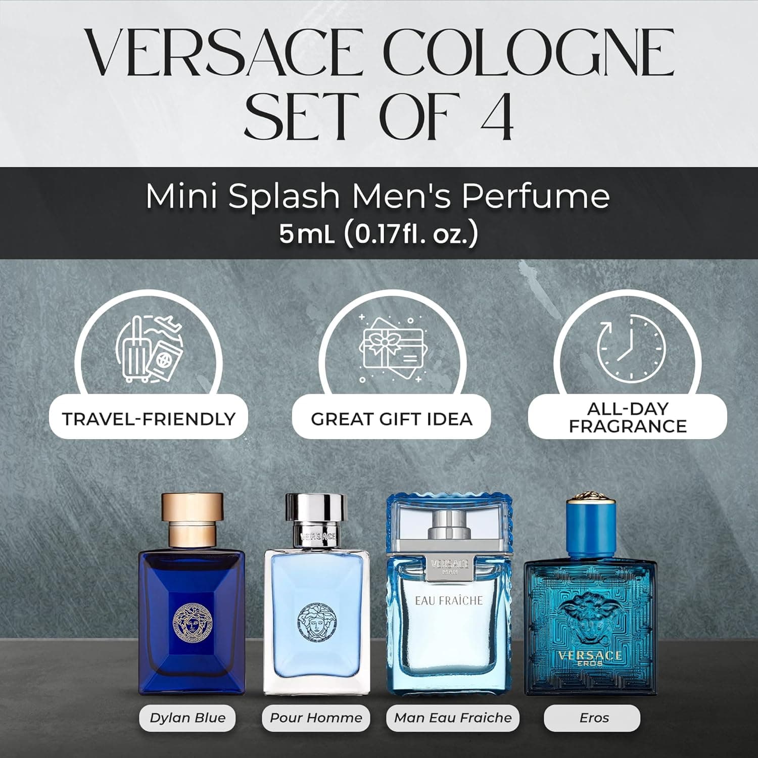 Versace Cologne for Men Set of 4 Mini Eros, Pour Homme, Dylan Blue, Eau Fraiche Perfume for Men Fragrance Sampler Set - Designer Mens Cologne Samples (4 Count, 0.17 oz) Eros, Pour Homme, Dylan Blue, Eau Fraiche 0.17 Fl Oz (Pack of 4) - Image 3