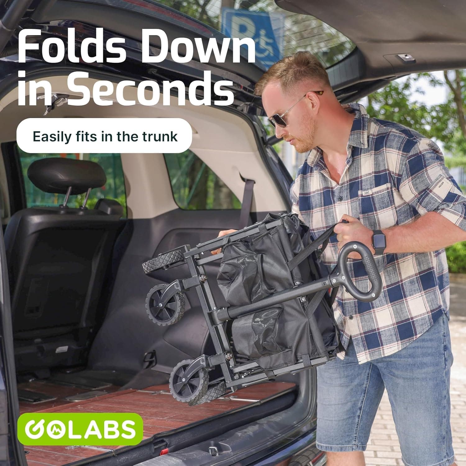 Golabs Collapsible Wagon Cart Max 350lb Load & Expandable Storage 100L, Double Bearing Design for Flexible Steering, Foldable Heavy Duty Garden Cart with 2 Cup Holders for Groceries, Garden & Camping Black - Image 5