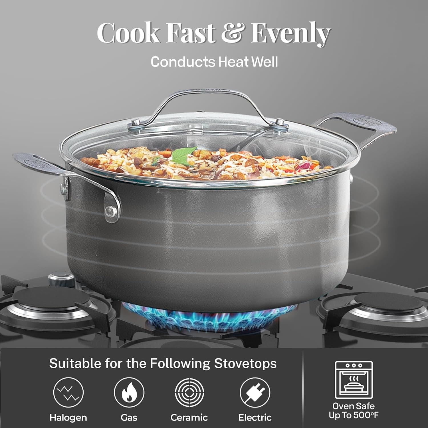 Gotham Steel 12 Pc Ceramic Cookware Set Nonstick, Ceramic Pots and Pans Set Non Stick with Steamer for Cooking, Non Toxic PFOA PFOS Free, Ergonomic Stay Cool Handles, Oven & Dishwasher Safe, Copper 12 Piece Set - Image 8