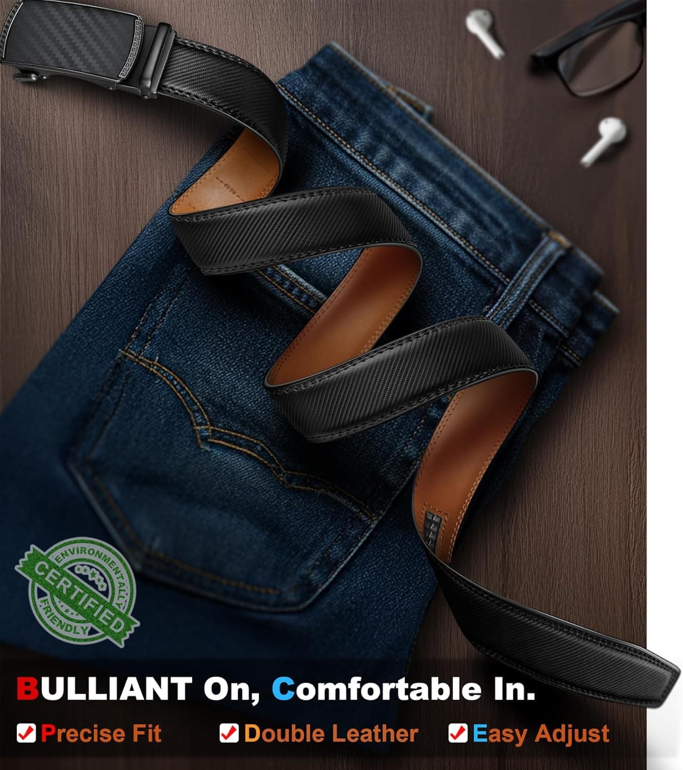 BULLIANT Men's Belt,Slide Ratchet Belt Adjsutable For Men Suit Casual Jeans Gift Boxed,Trim To Fit Black231 38"-44"Waist Adjustable - Image 3