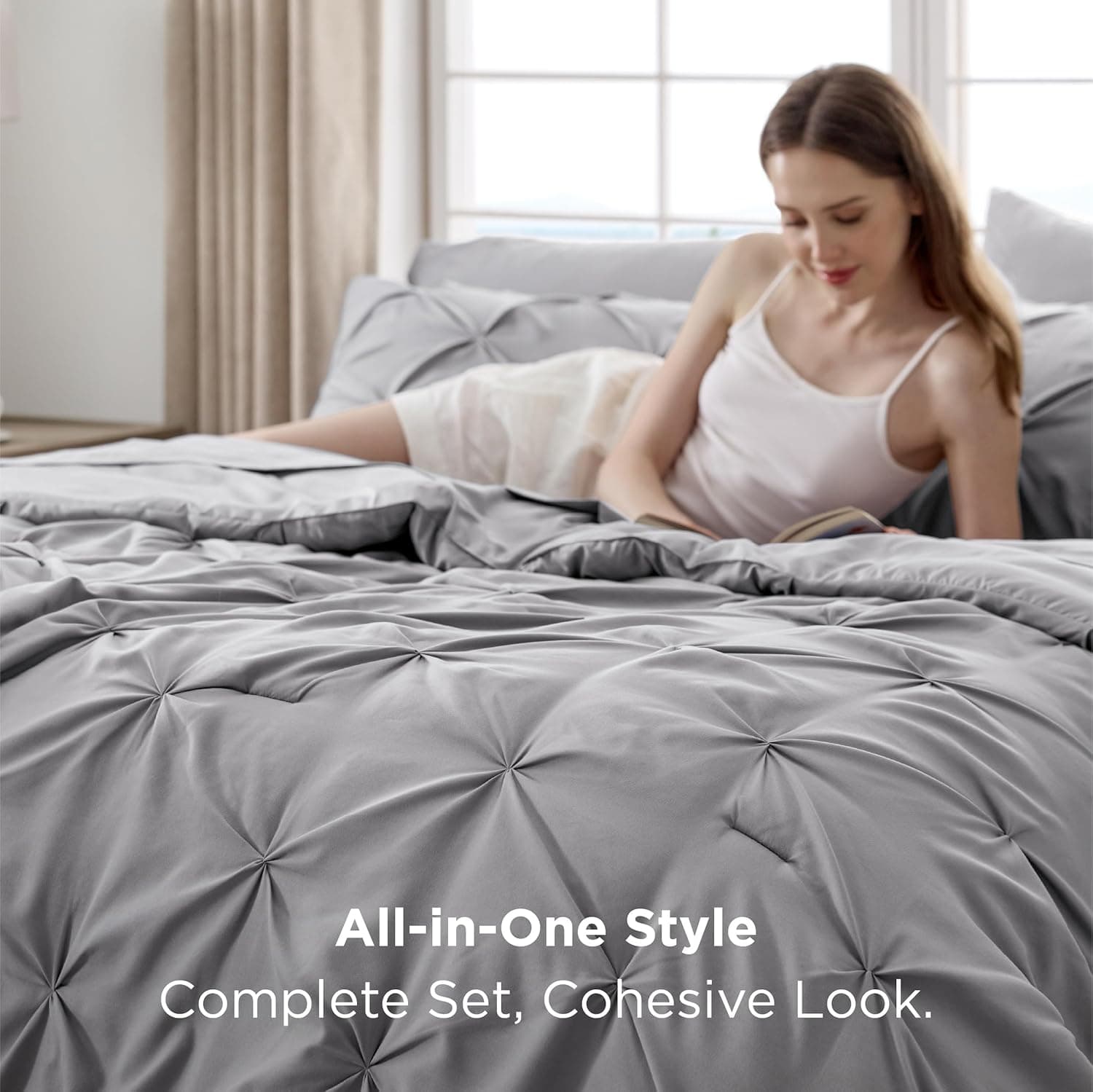 Bedsure Queen Comforter Set Grey - Bed in a Bag Queen Size Bedding 7 Pieces, GentleSoft™ Pintuck Bed Set Gift for Family, Pinch Pleat All Season Comforter with Sheets, Pillowcases & Shams Queen 01 - Grey - Image 7
