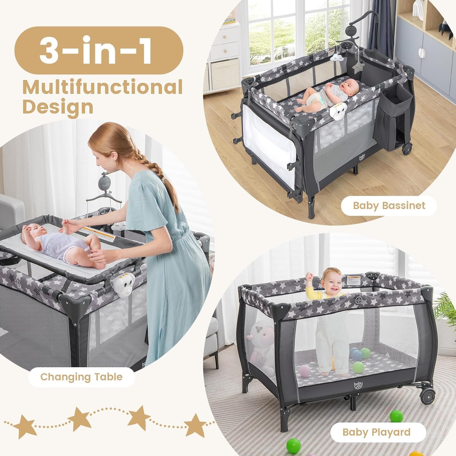 Costzon 3 in 1 Pack and Play with Bassinet, Portable Baby Playard with Changing Table, Music Box, Whirling Toys, Wheels/Brake, Basket, Bag, Foldable Infant Bassinet for Baby Toddlers Indoor Outdoor Gray Little Stars - Image 3