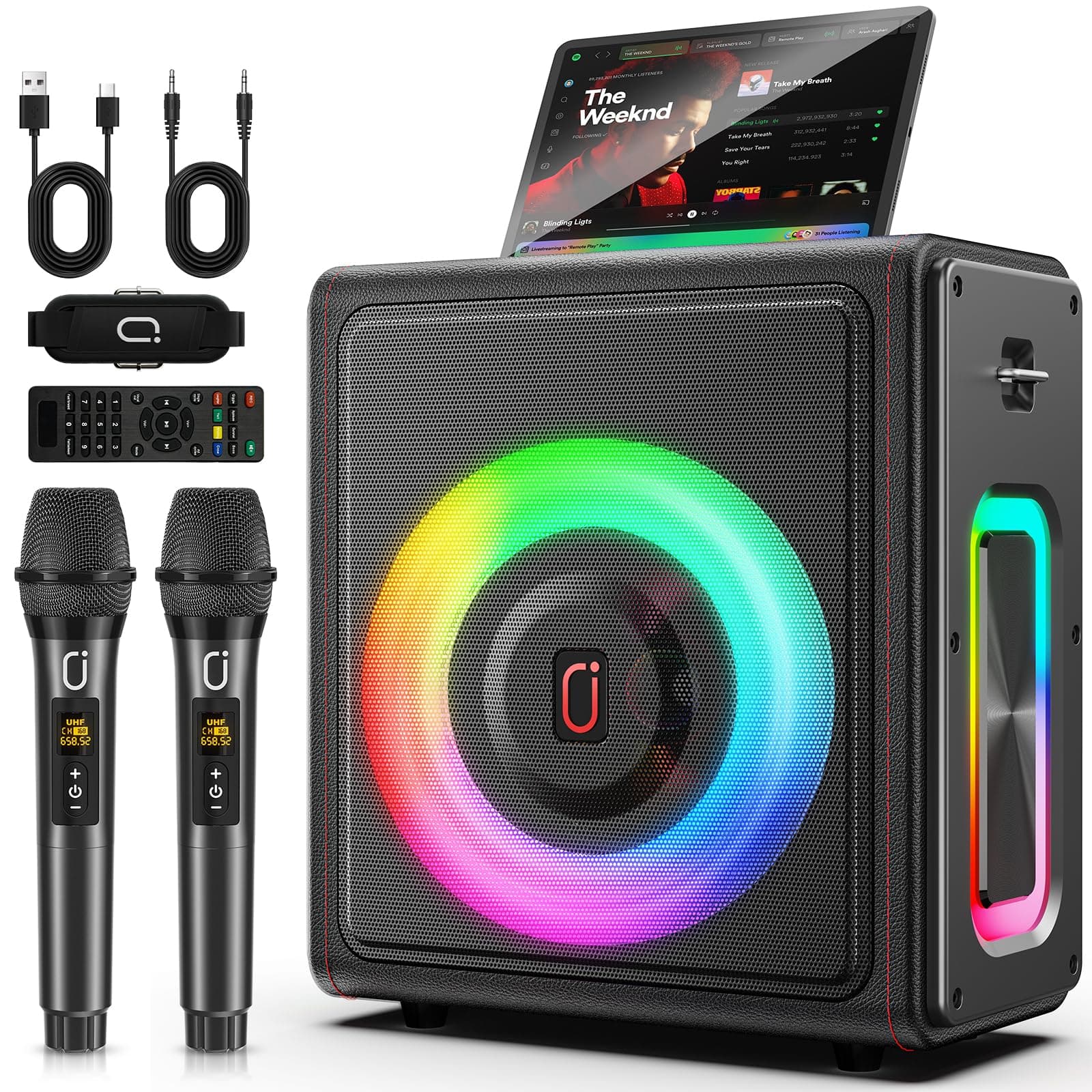 Máquina de Karaoke, Altavoz Bluetooth 5.3 Portátil con 2 Micrófonos Inalámbricos para Adultos, Sistema PA con Corrección de Tonos y Ajuste de Eco, Soporta TWS/TF Card/USB/AUX/Live para Fiesta en Casa 2Mics