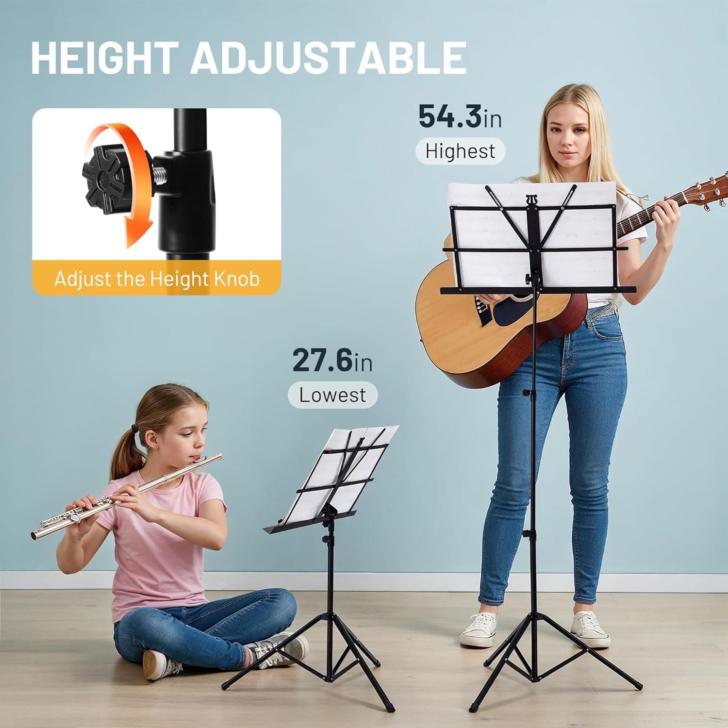 CAHAYA Portable Sheet Music Stand: Dual Use Desktop Book Holder Folding Lightweight Extra Stable Reinforced with Carrying Bag and Clip for Students Musicians Height Adjustable up to 54.3" CMS0204 Standard Version Black - Image 4