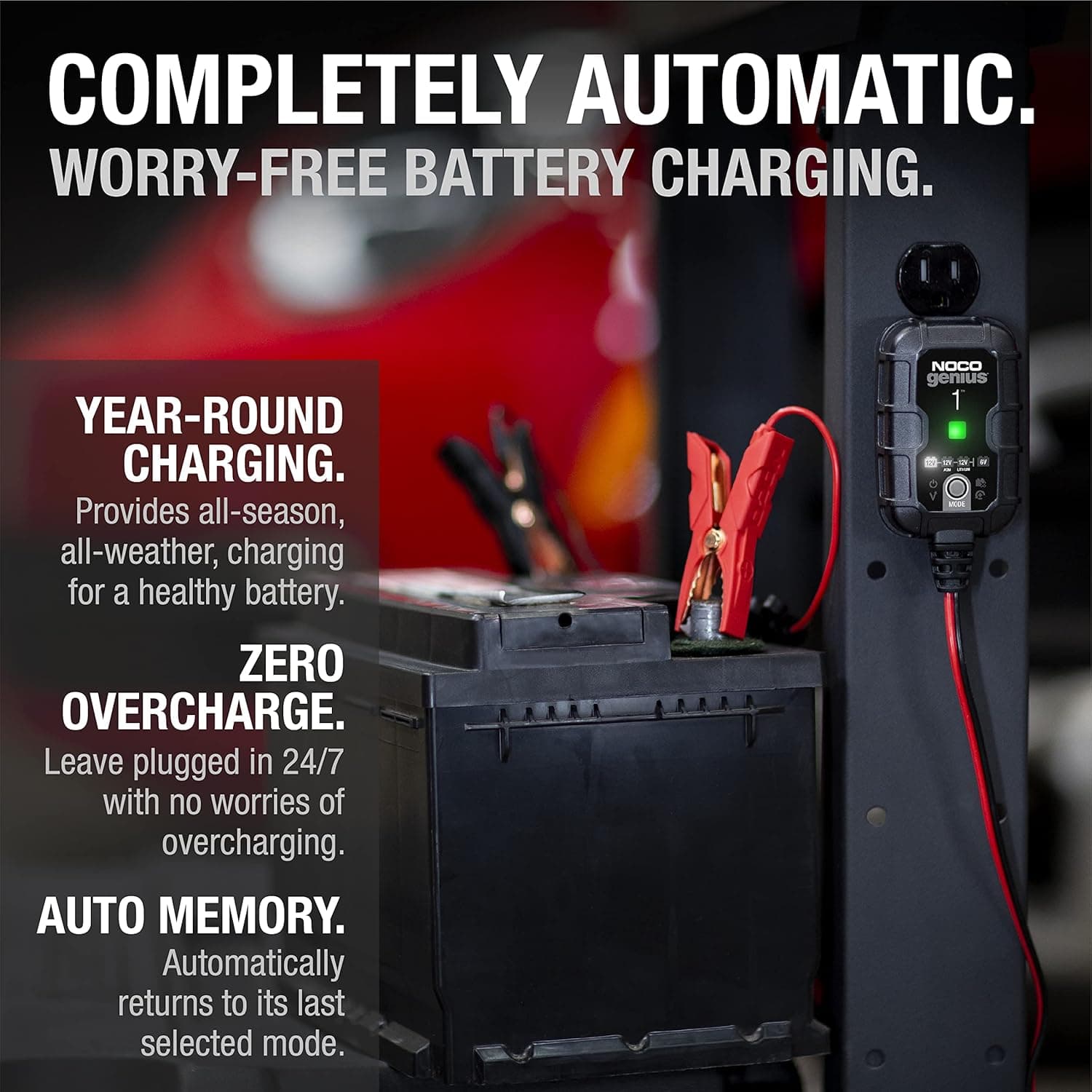 NOCO GENIUS1: 1A 6V/12V Smart Battery Charger – Automatic Maintainer, Trickle Charger & Desulfator with Overcharge Protection & Temperature Compensation – For Lead-Acid & Lithium Batteries - Image 8